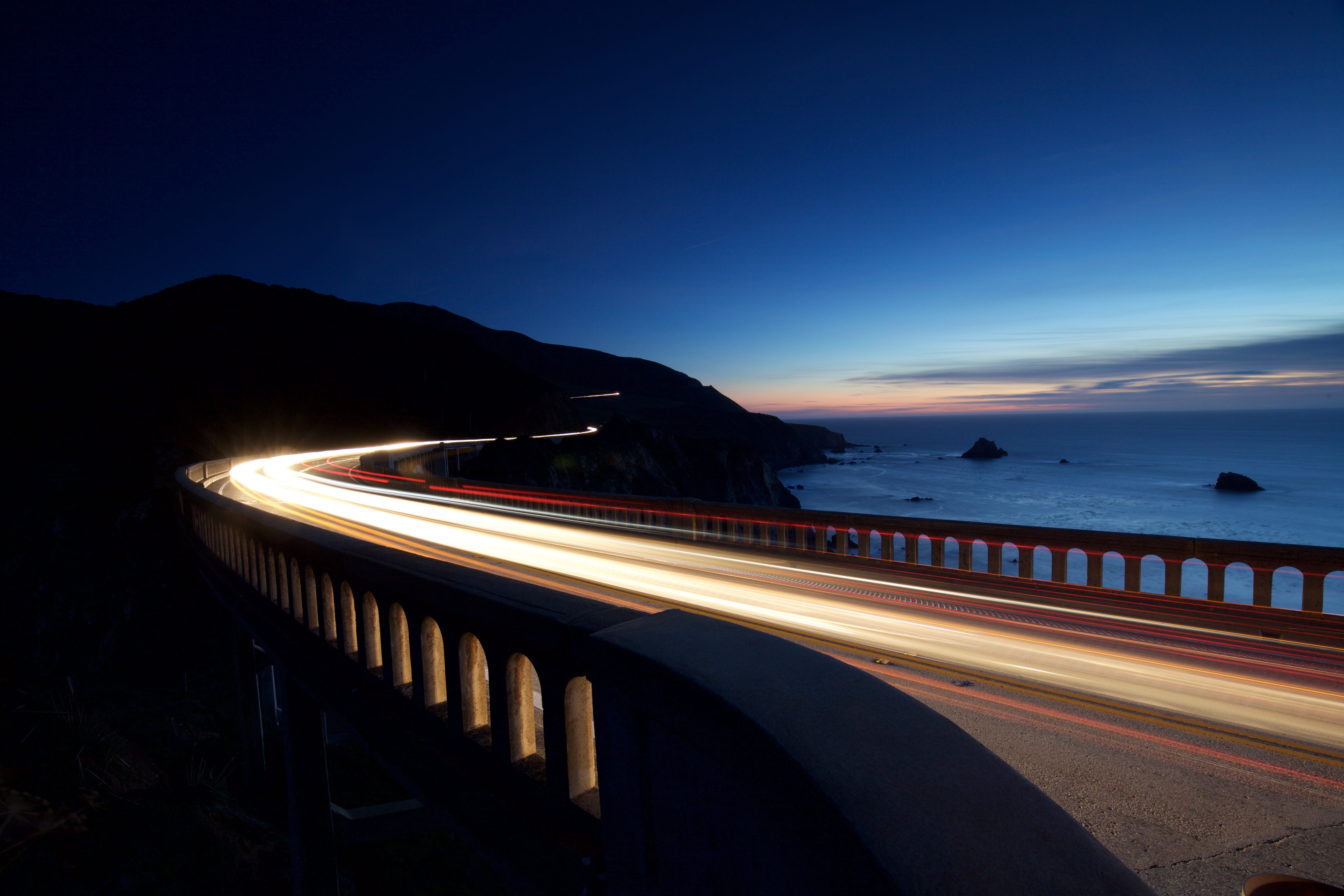 timelapse, highway, architecture, night, dark, illuminated, no people, empty, nature, body, transportation, near, long exposure, coast, stone, vehicle light, HD Wallpaper