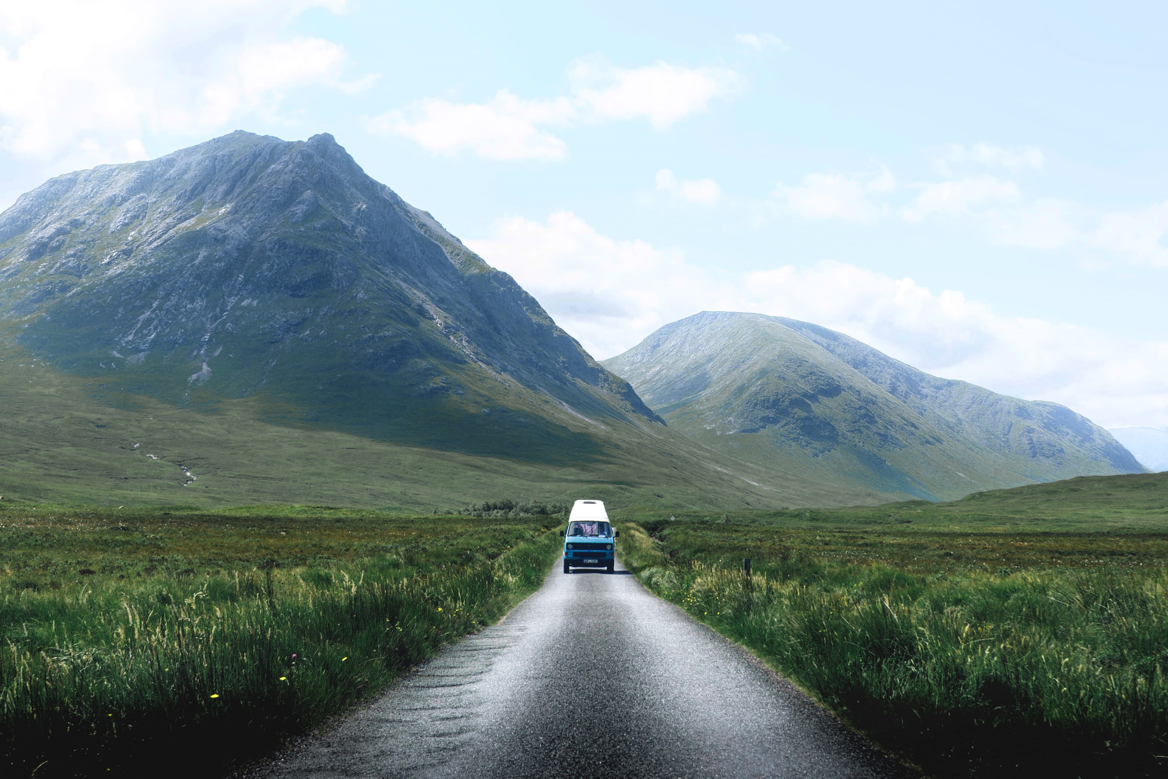 mountain peak, sky, grass, camper, passing, environment, tranquility, mode of transportation, blue, cloud - sky, mountain range, no people, range, tranquil scene, HD Wallpaper