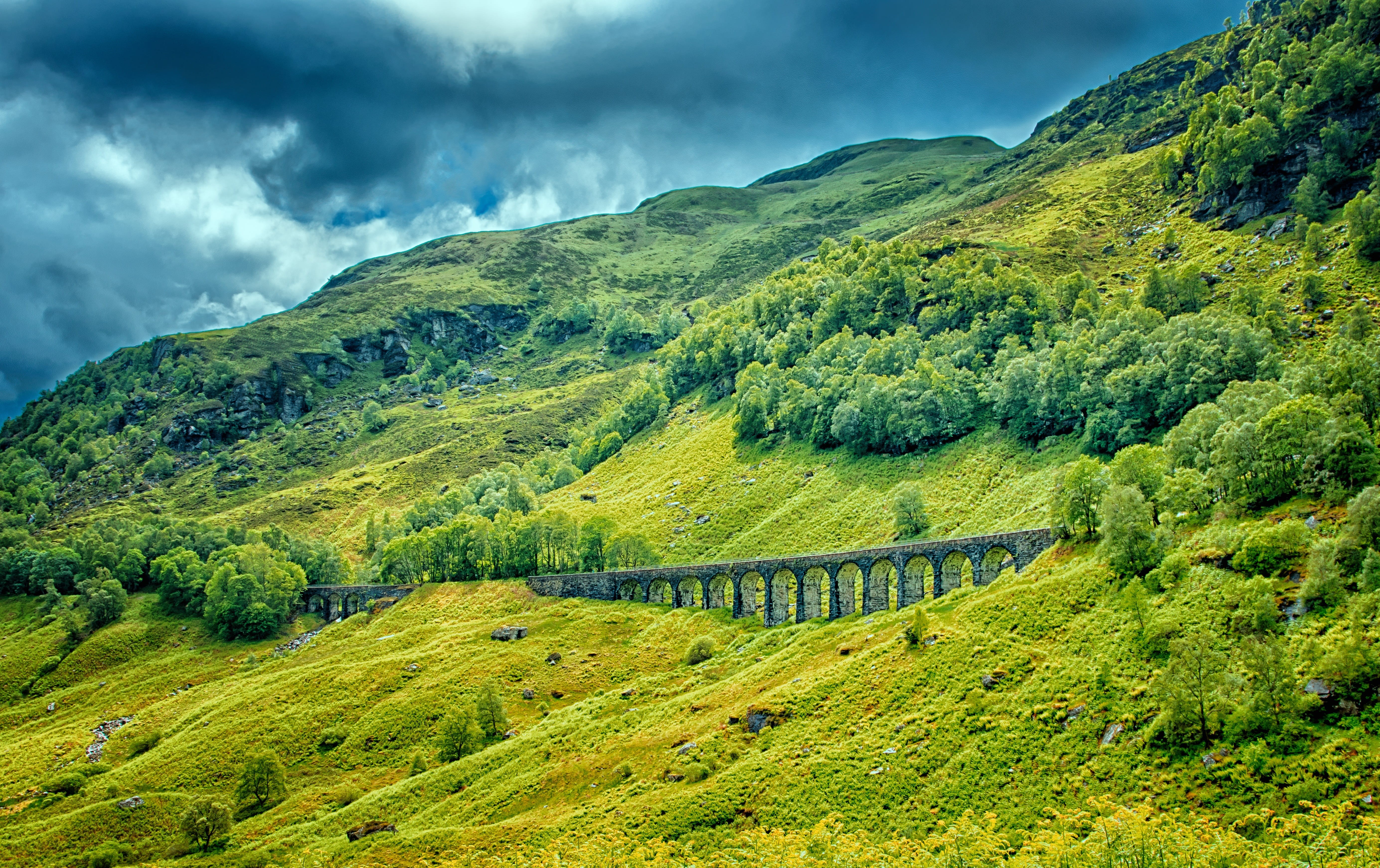 tranquility, trees, historical, hill, beauty in nature, mountain range, landmark, summer, grass, scotland, valley, green, hike, sky, mountain, nature, scenery, HD Wallpaper