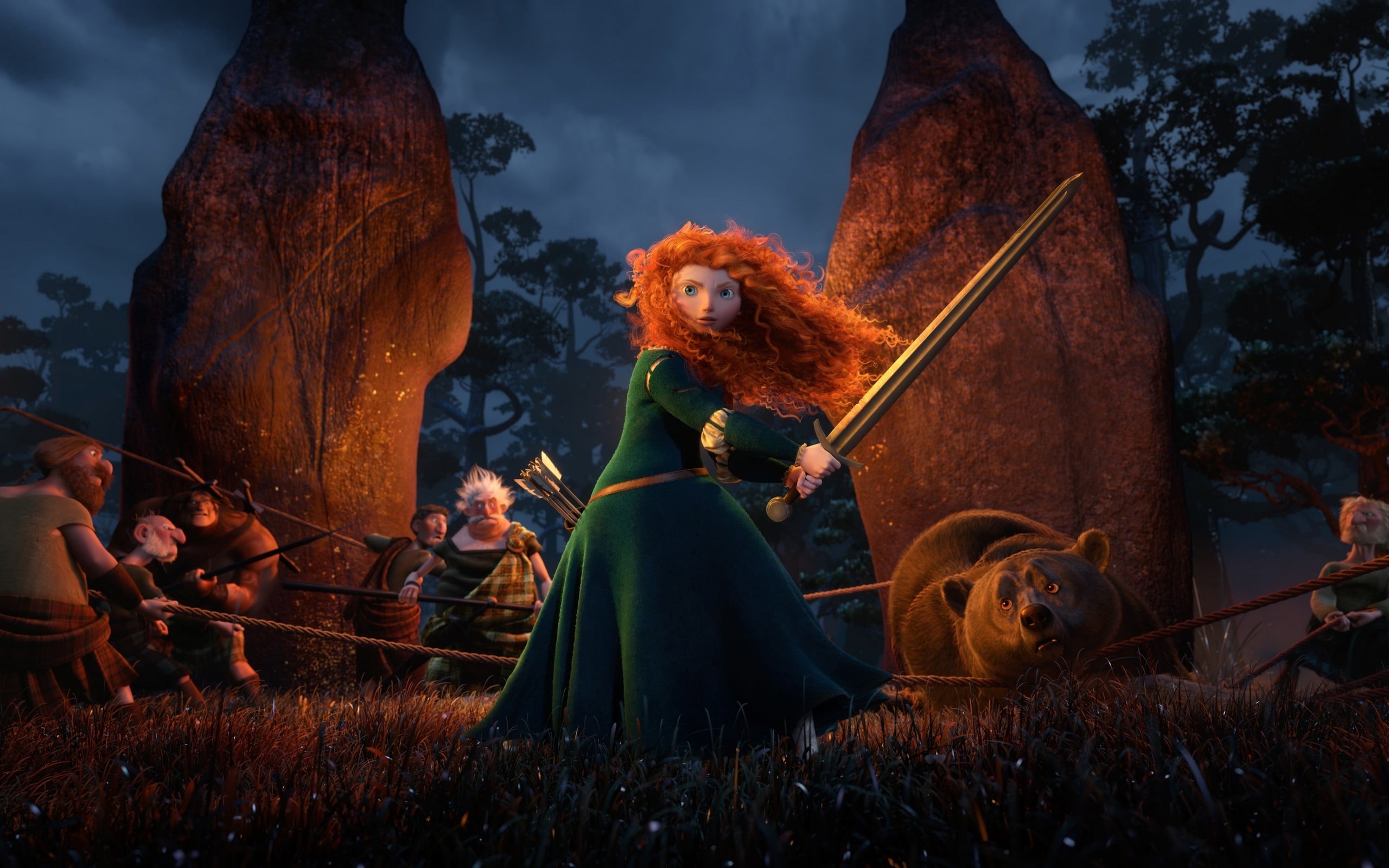 warrior, fun, tree, outdoors, plant, Archer, Brave, Brave heart, 2K, Merida, spooky, rural Scene, dusk, people, bear, adult, traditional Festival, Princess, HD Wallpaper