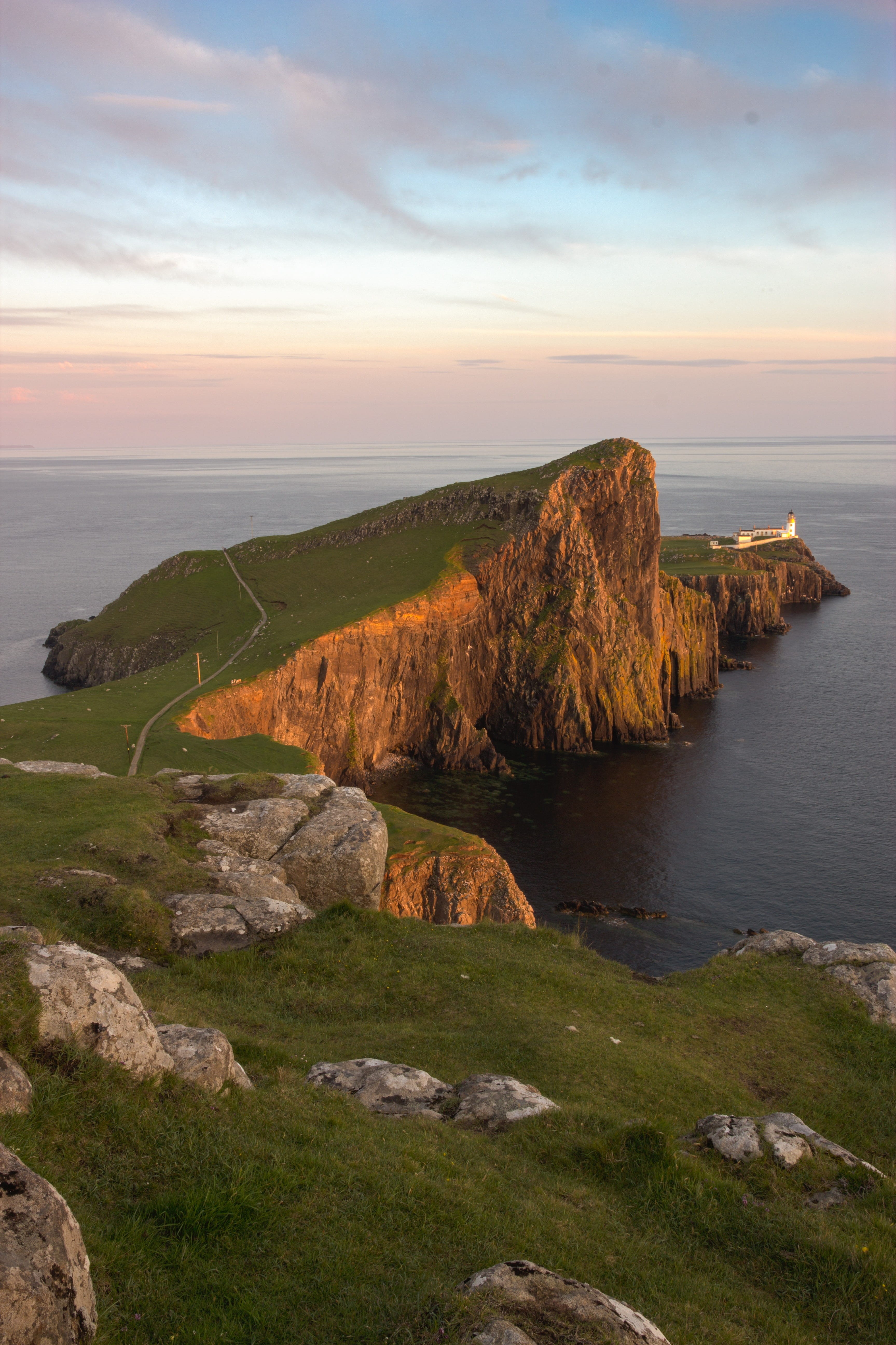 Lighthouse, landscape, scenics, beach, cloud - sky, Neist Point, isle of skye, meadow, solid, idyllic, horizon, nature, beauty in nature, rock, rock - object, Phone HD Wallpaper