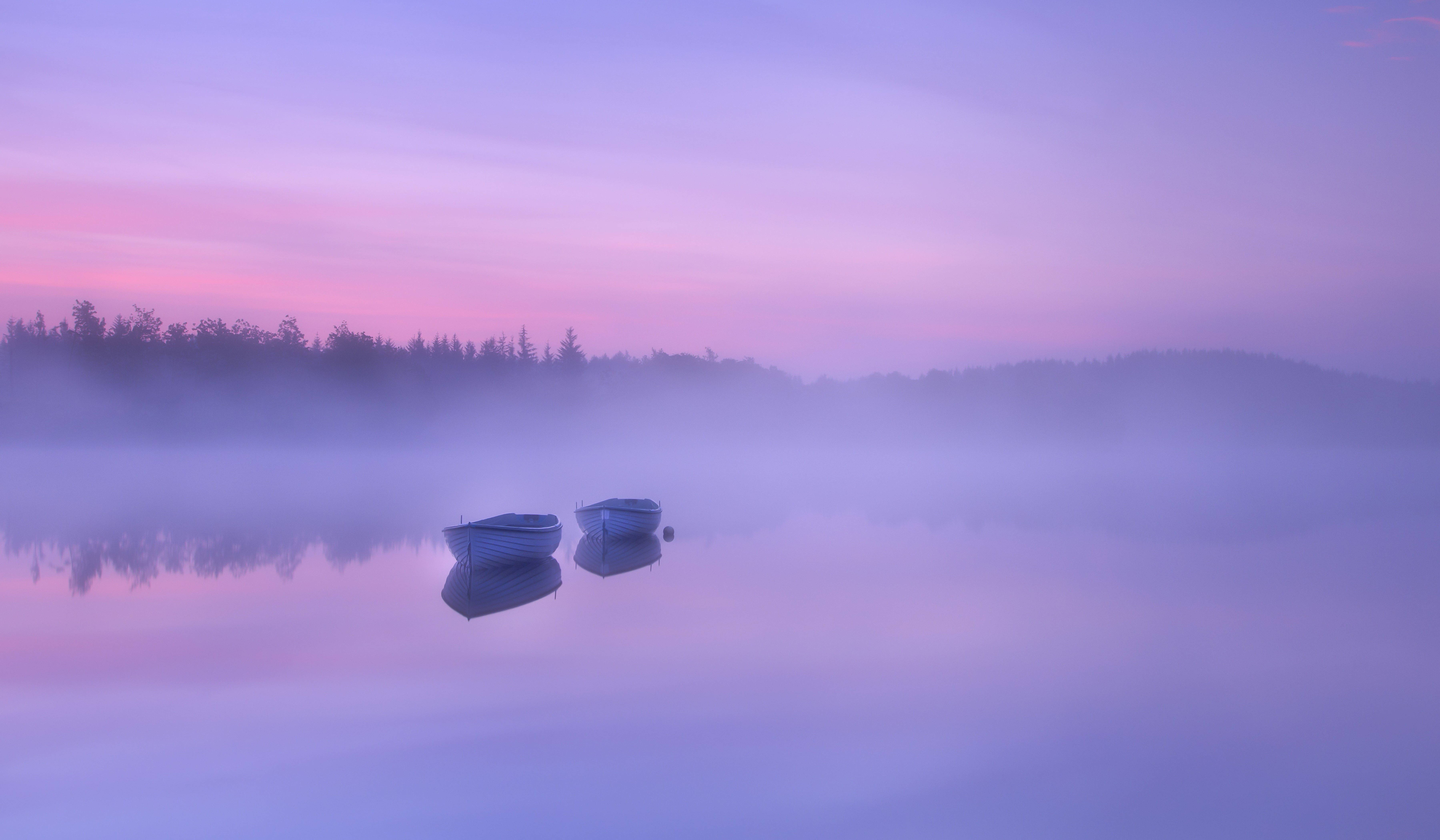 Rowing boats, smog, nature, plant, Mist, 4K, no people, water, Morning, Loch Rusky, tranquil scene, sunrise - dawn, fog, Scotland, purple, outdoors, sky, HD Wallpaper