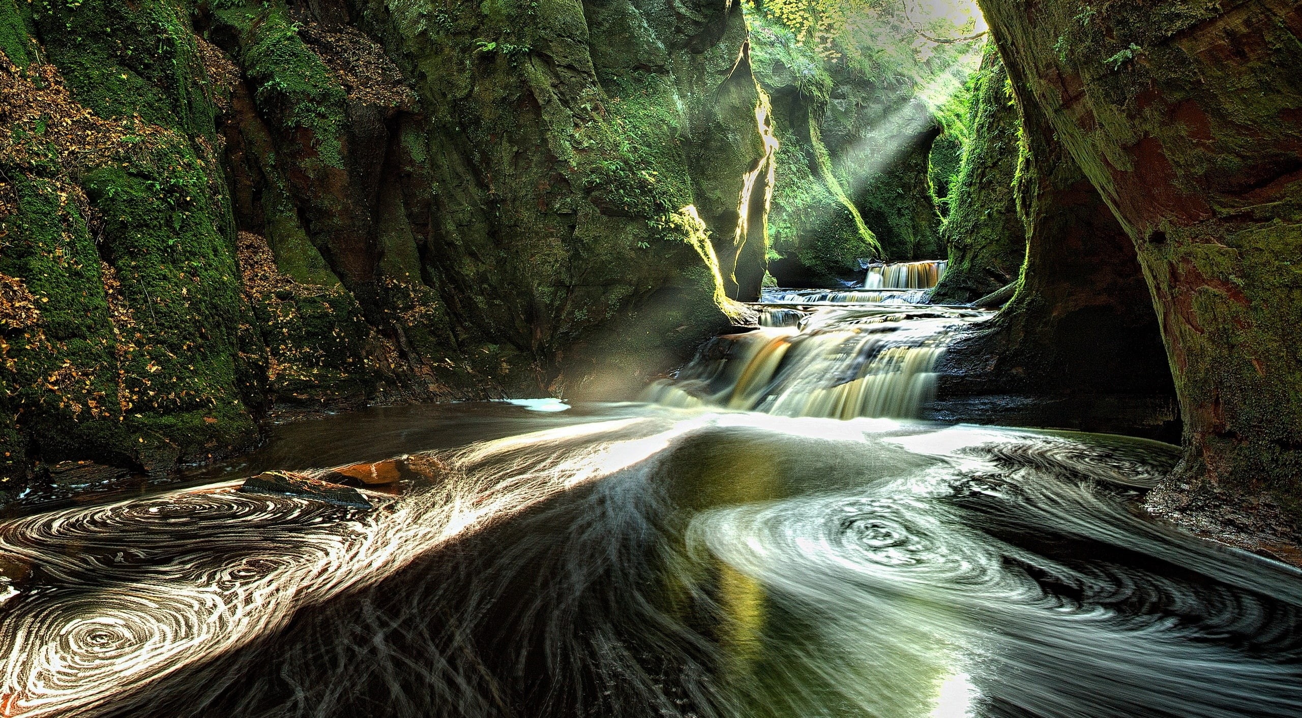 Sunbeams, finnichglen, Scotland, waterfall, water, long exposure, marvelous, United Kingdom, blurred motion, Nature, remarkable, rainforest, stunning, falling water, HD Wallpaper