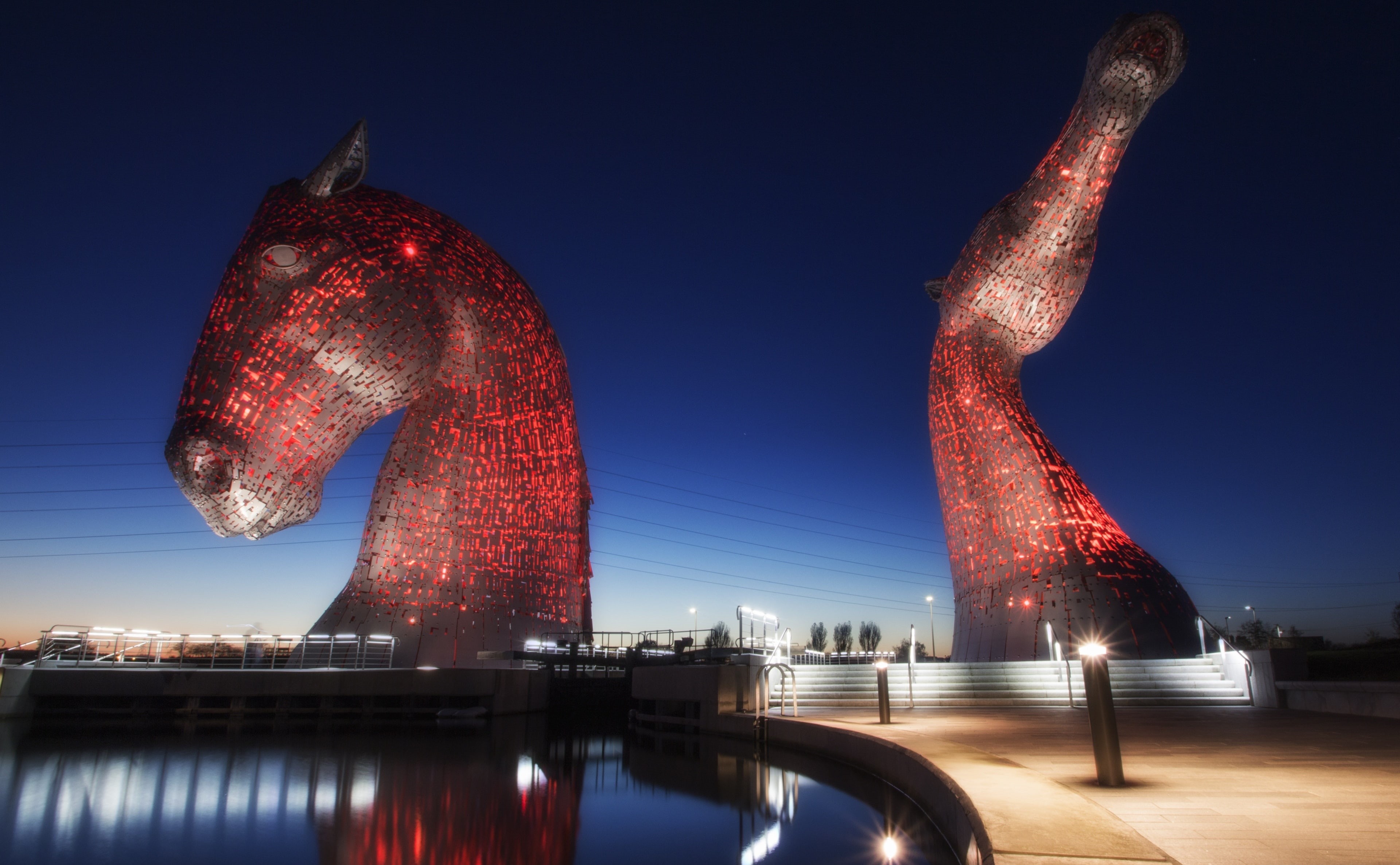 astonishing, building exterior, themed, Impressive, Outdoors, horse, Scenery, tourism, 4K, sculptures, water, sculpture, Scotland, Nature, built structure, HD Wallpaper