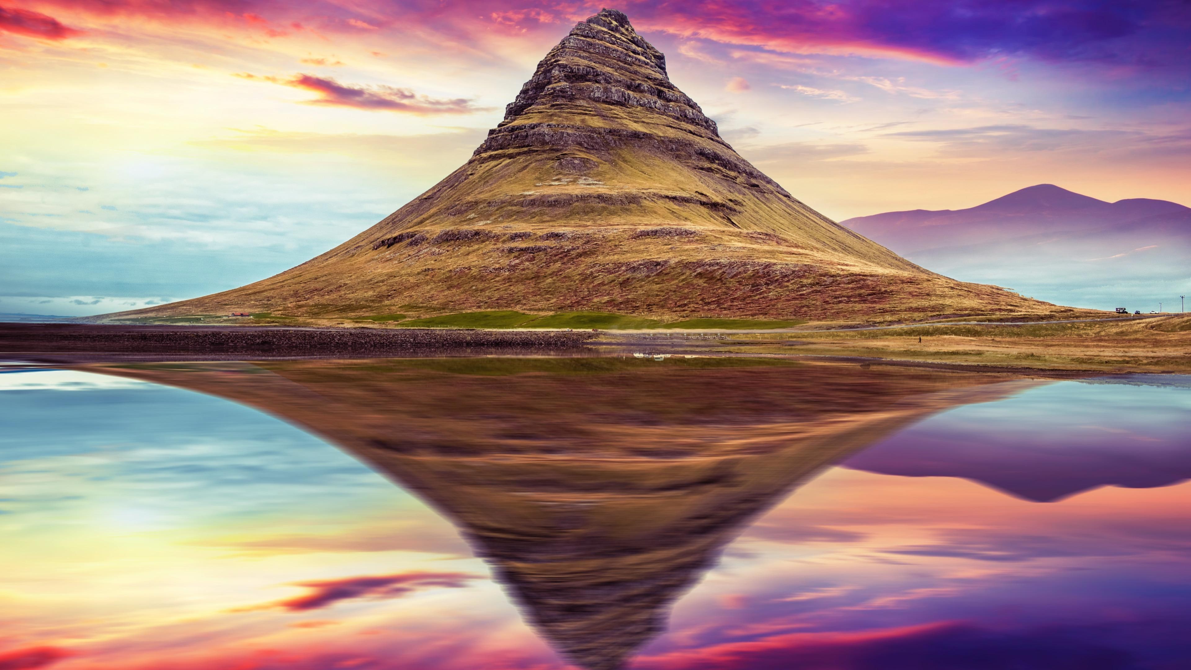 amazing, kirkjufell, beautiful, mountain, landscape, reflection, hill, grundarfjorour, iceland, stunning, water, calm, sky, afterglow, coloful sky, 4K, HD Wallpaper