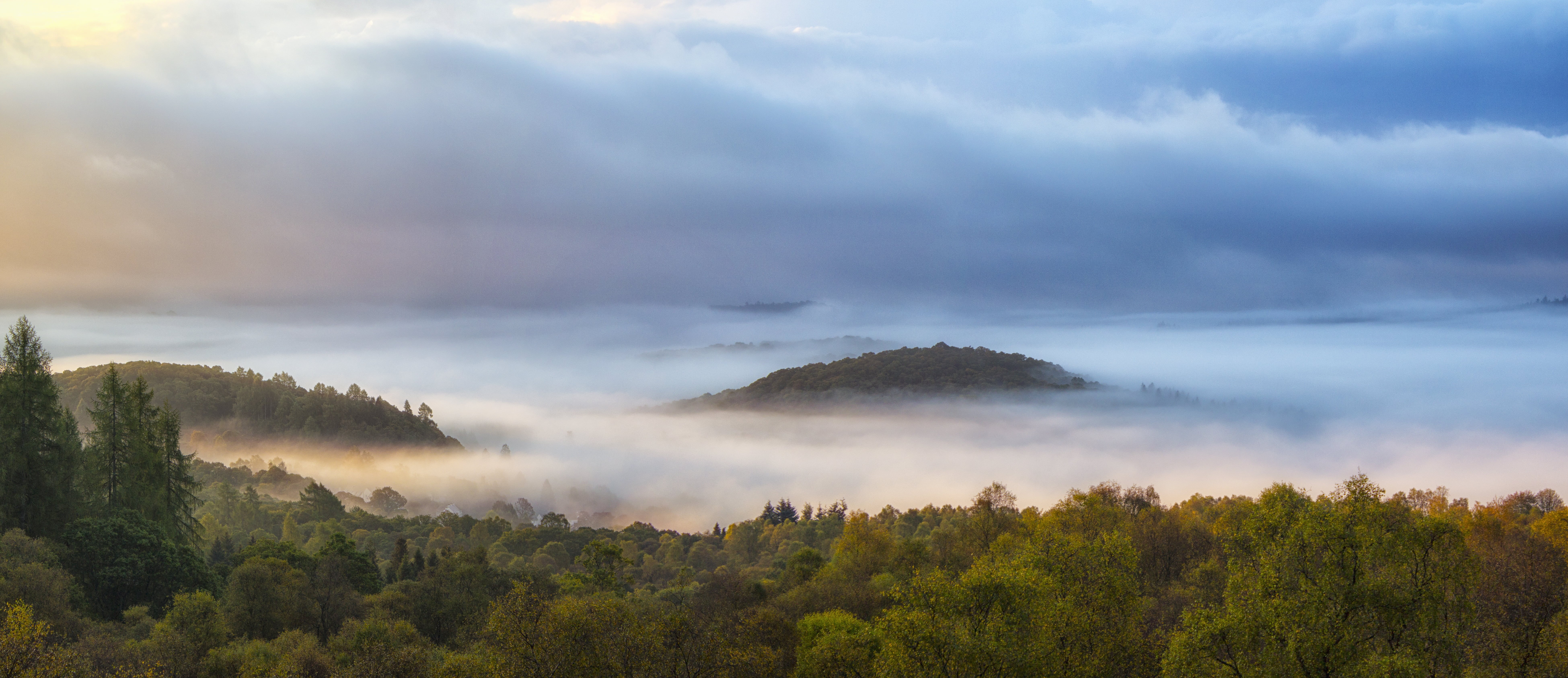 trossachs, scenics, landscape, clouds, Mist, outdoors, morning, golden hour, scotland, forest, mountains, golden, tree, fog, cloud - Sky, peaceful, 8K, HD Wallpaper