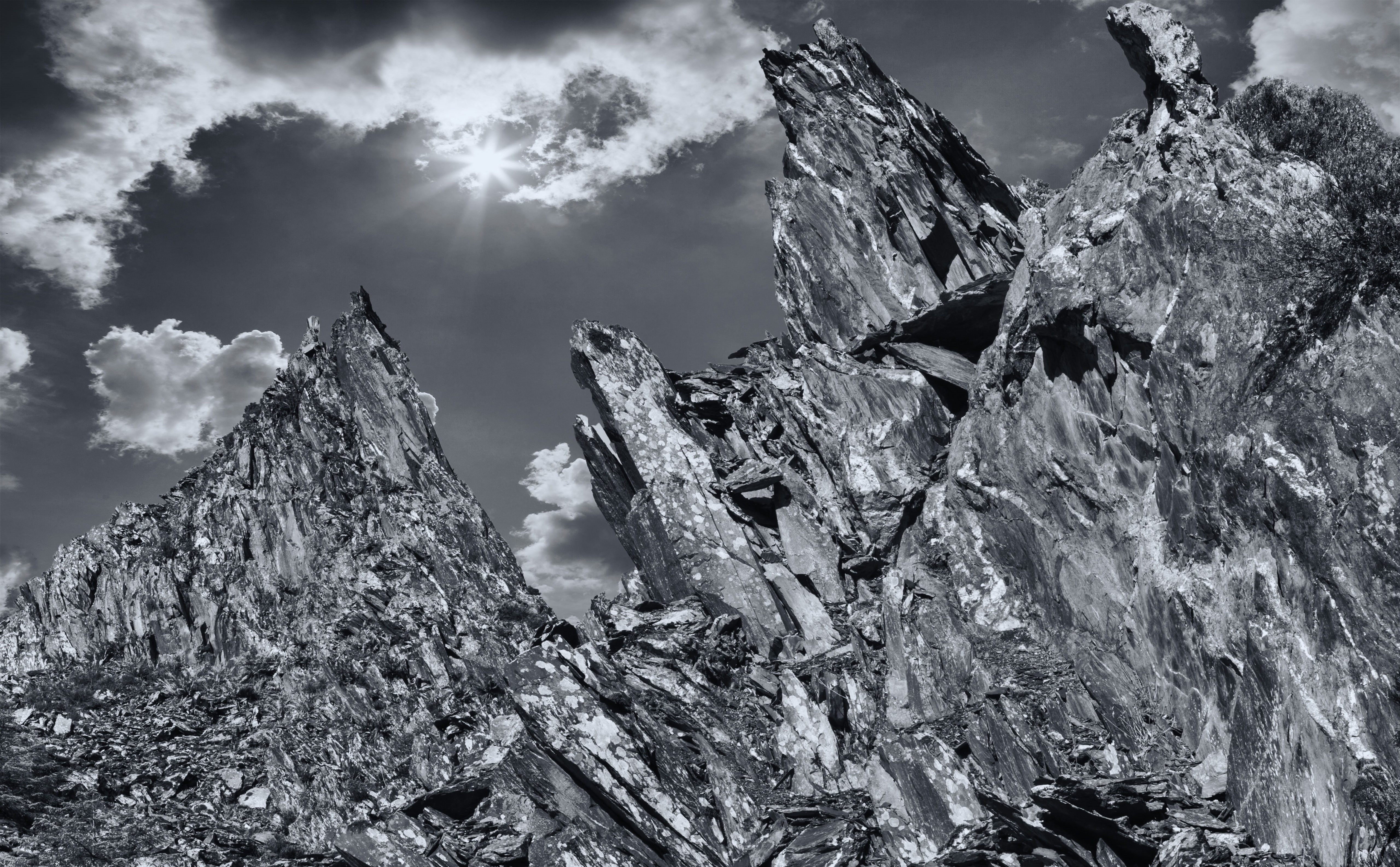 Black and White, geology, solid, trossachs, beauty in nature, rough, ruined, no people, slatequarry, rock formation, cnocantsabail, history, Nature, scenics - nature, HD Wallpaper