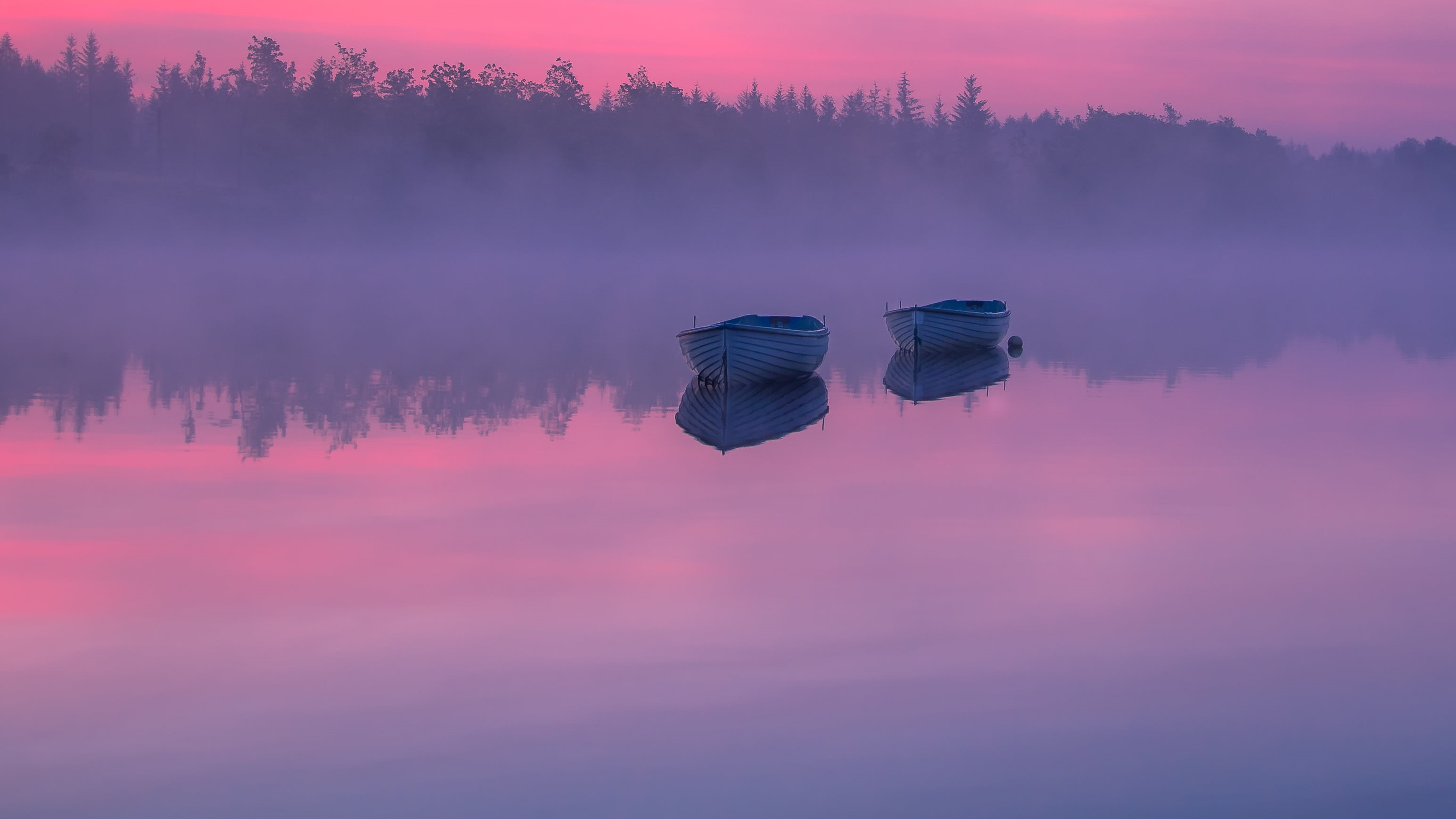 reflection, Sunrise, body, Highlands, canoe, golden, water, lake, two, boats, Trossachs, body of water, hour, golden hour, 2K, Loch Rusky, Scotland, nature, HD Wallpaper