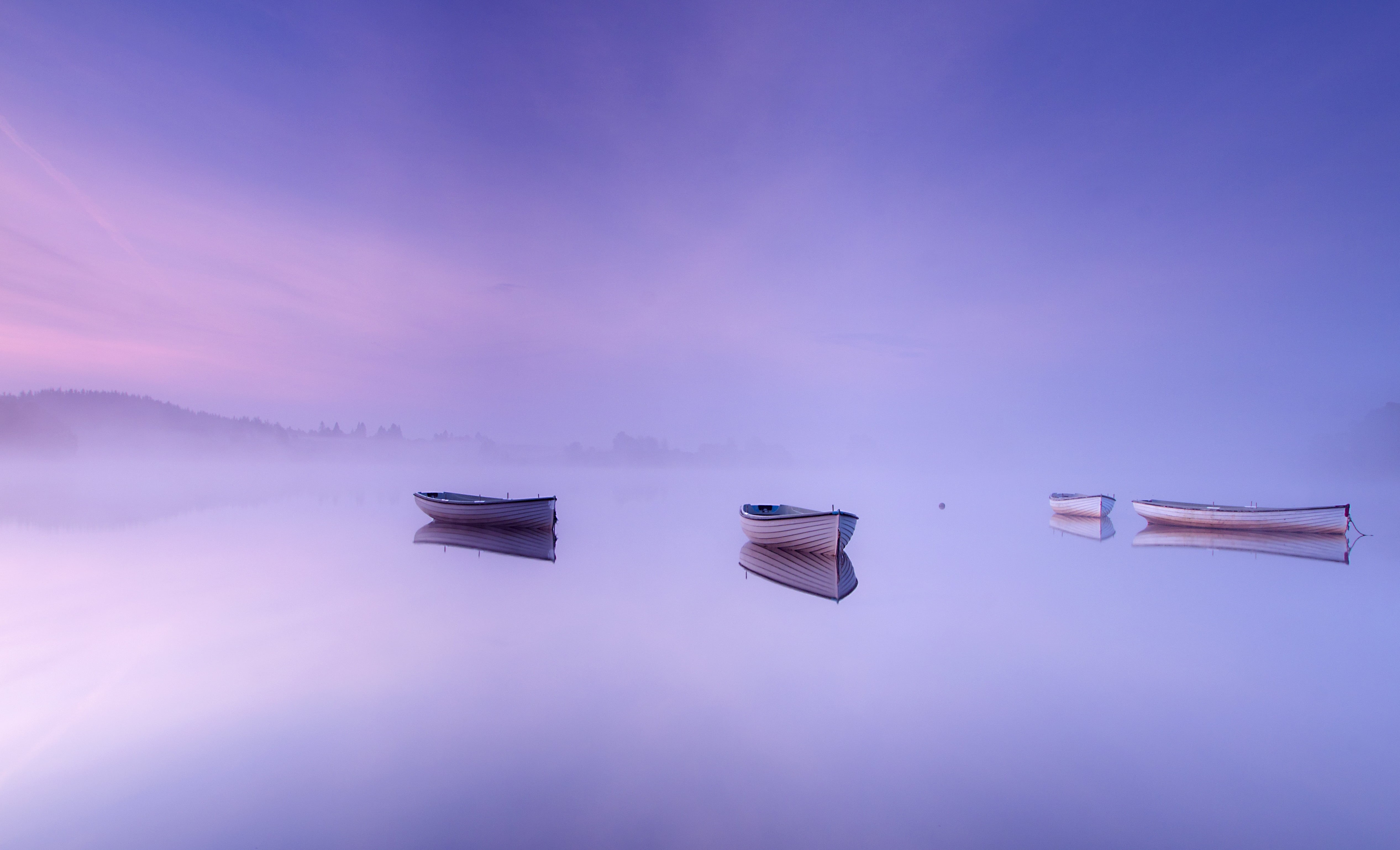 four, water, 4K, Trossachs, body, Mystic, Dawn, body of water, canoes, Mist, Scotland, Loch Rusky, HD Wallpaper