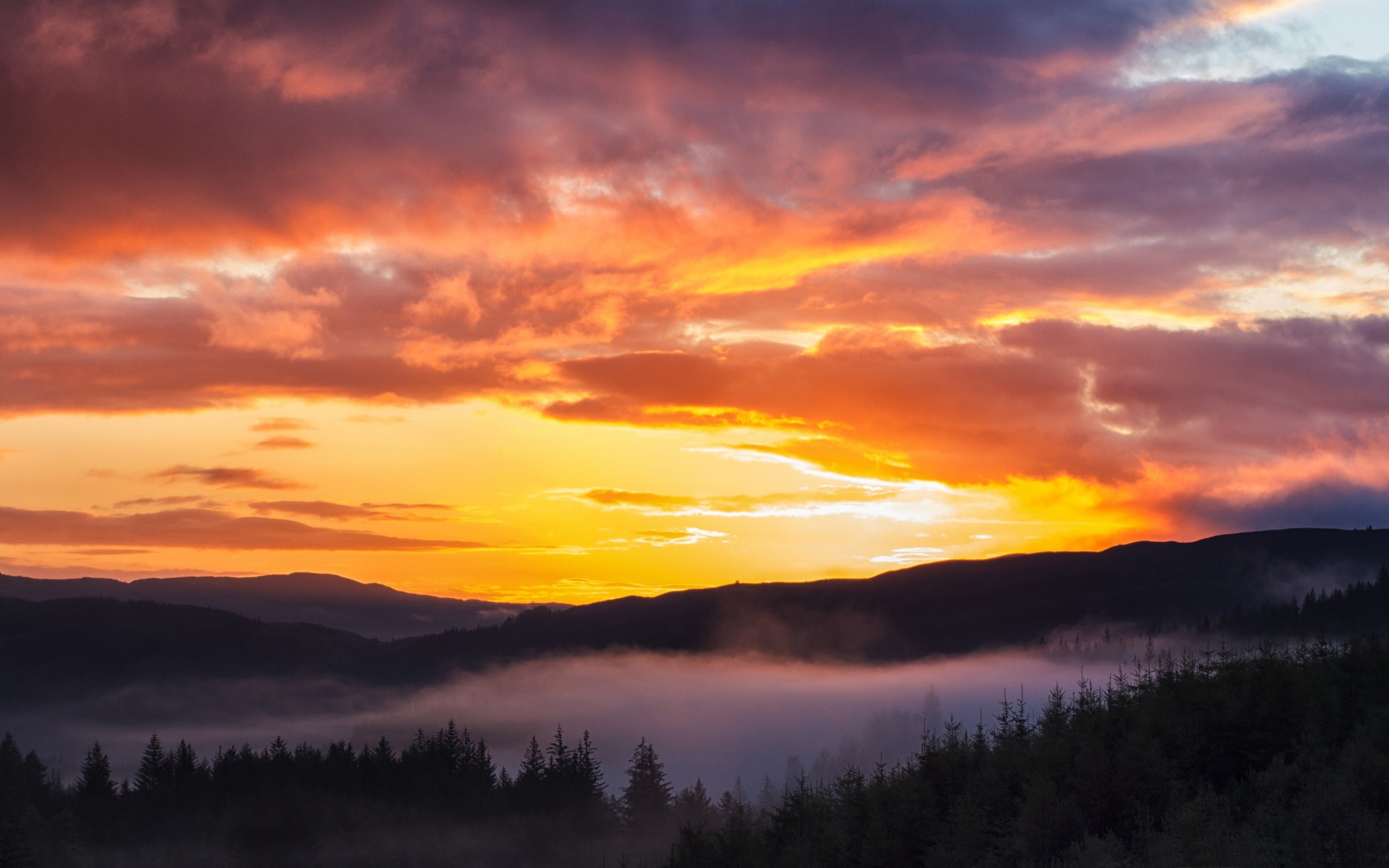 sky, outdoors, trossachs, no people, sun, sunset, orange color, sunrise, mountain range, mountain, idyllic, tranquility, awe, plant, tree, cloud - sky, HD Wallpaper