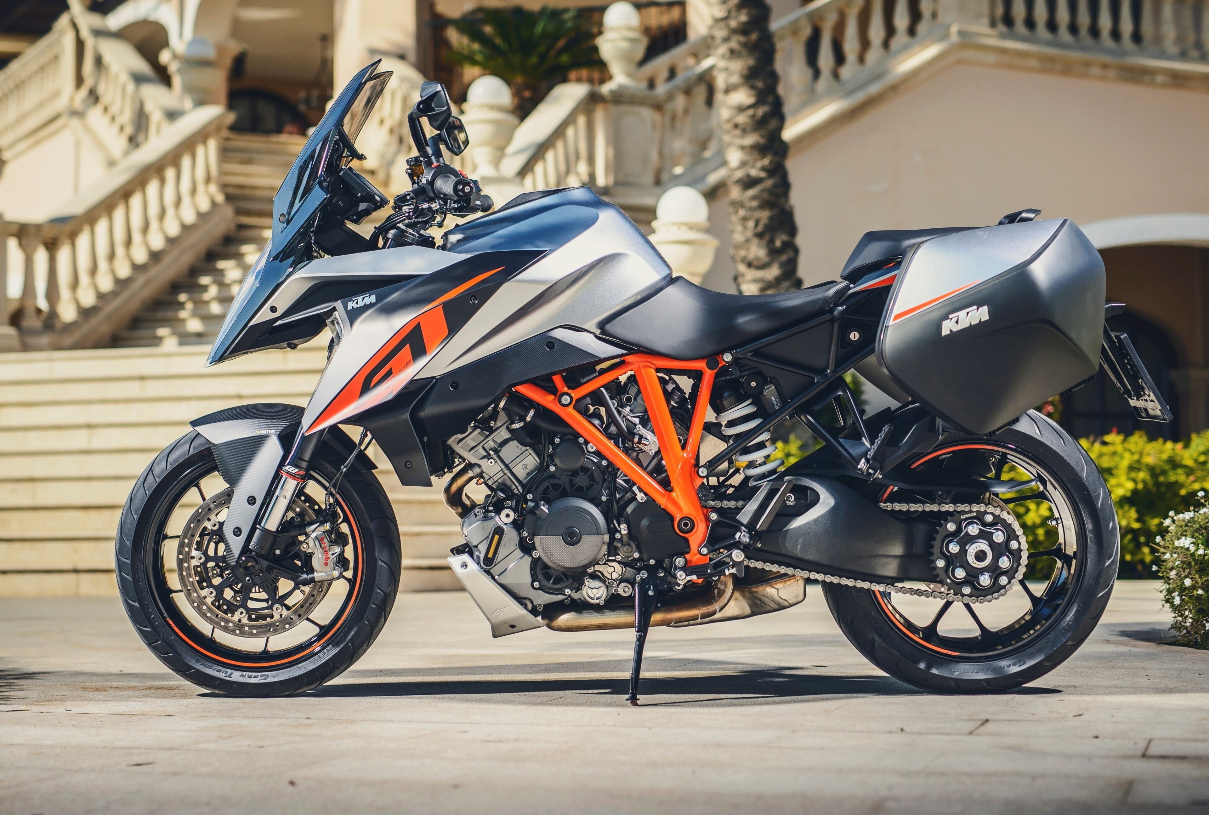 mode of transportation, 4K, built structure, no people, parking, wheel, day, outdoors, black color, focus on foreground, building, ktm 1290 super duke gt 4k full hd  high resolution, HD Wallpaper