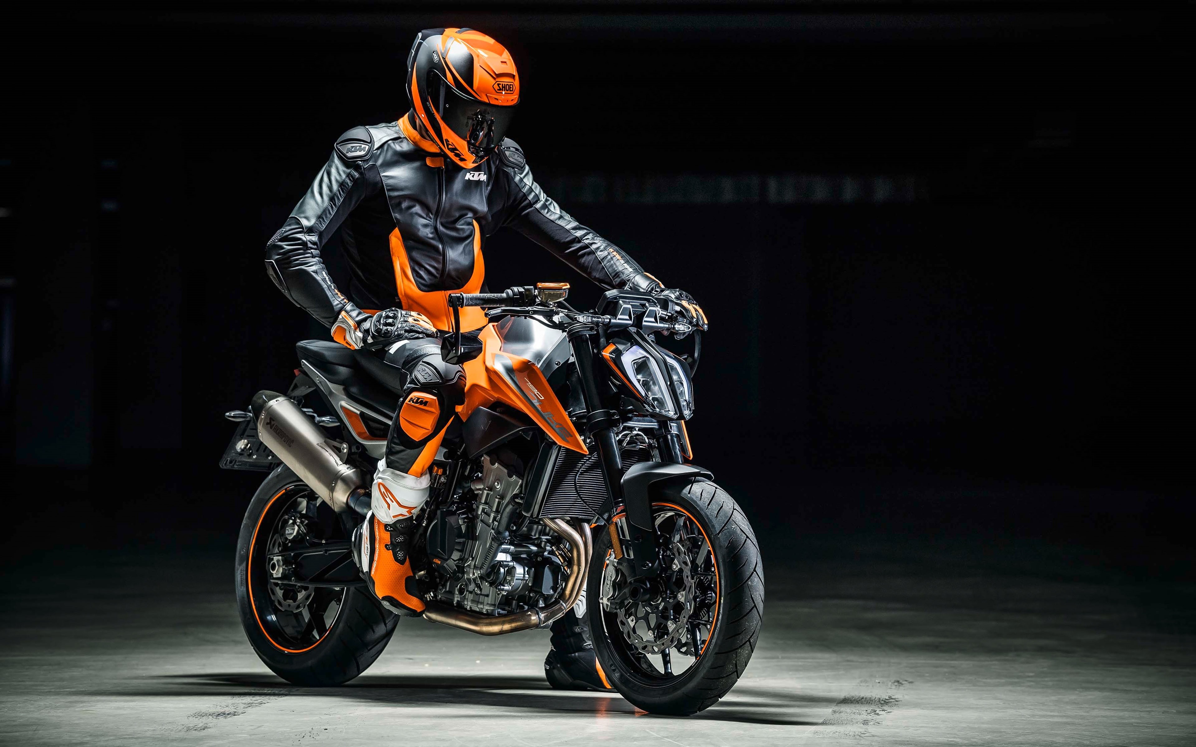one person, sports helmet, jacket, crash helmet, driving, motorized vehicle riding, motorcycle, black background, biker, leather, KTM, 790, helmet, Duke, HD Wallpaper