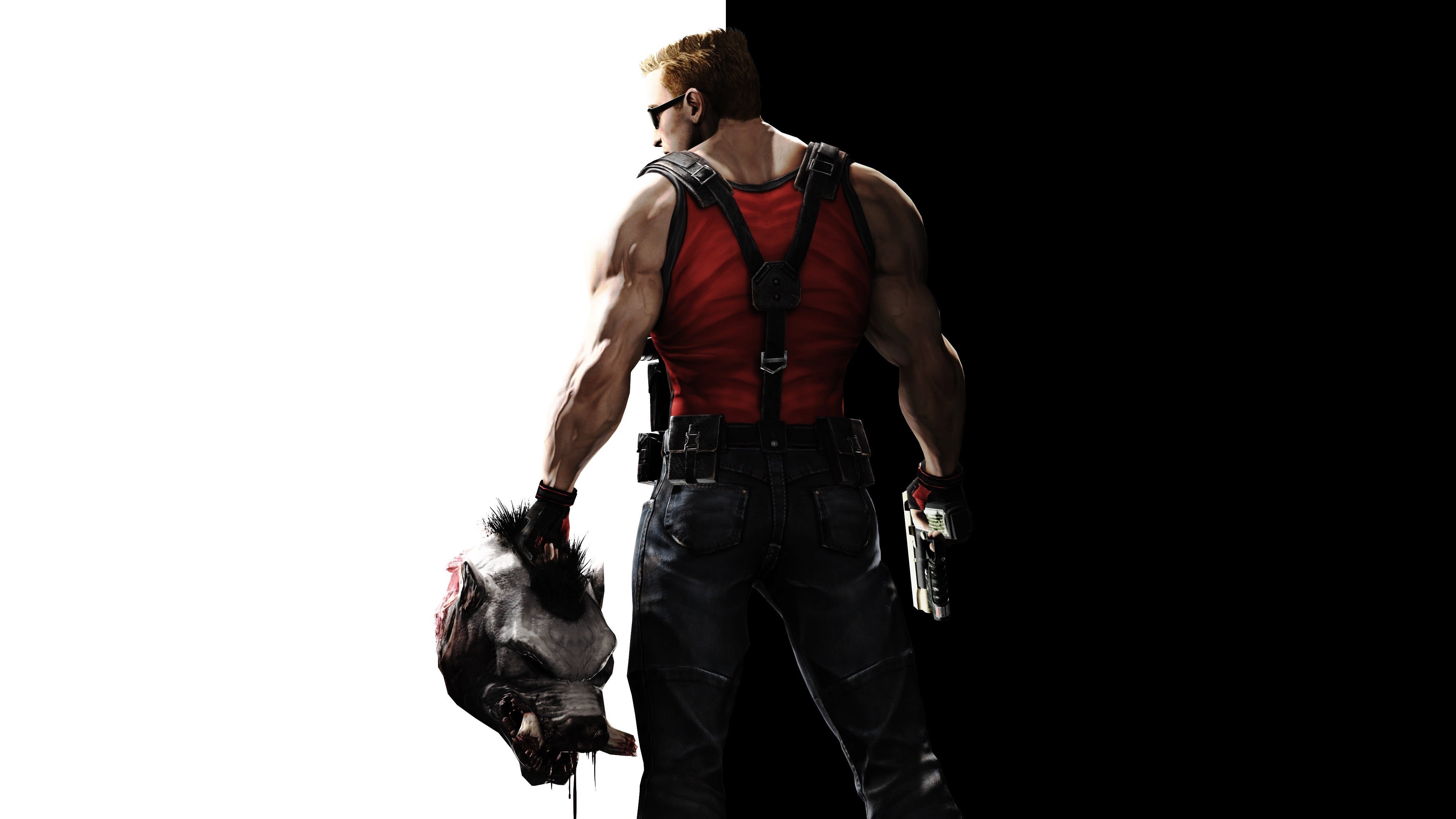 handgun, one person, walking, Duke Nukem, 4K, black background, standing, video games, occupation, three quarter length, indoors, studio shot, men, white background, HD Wallpaper