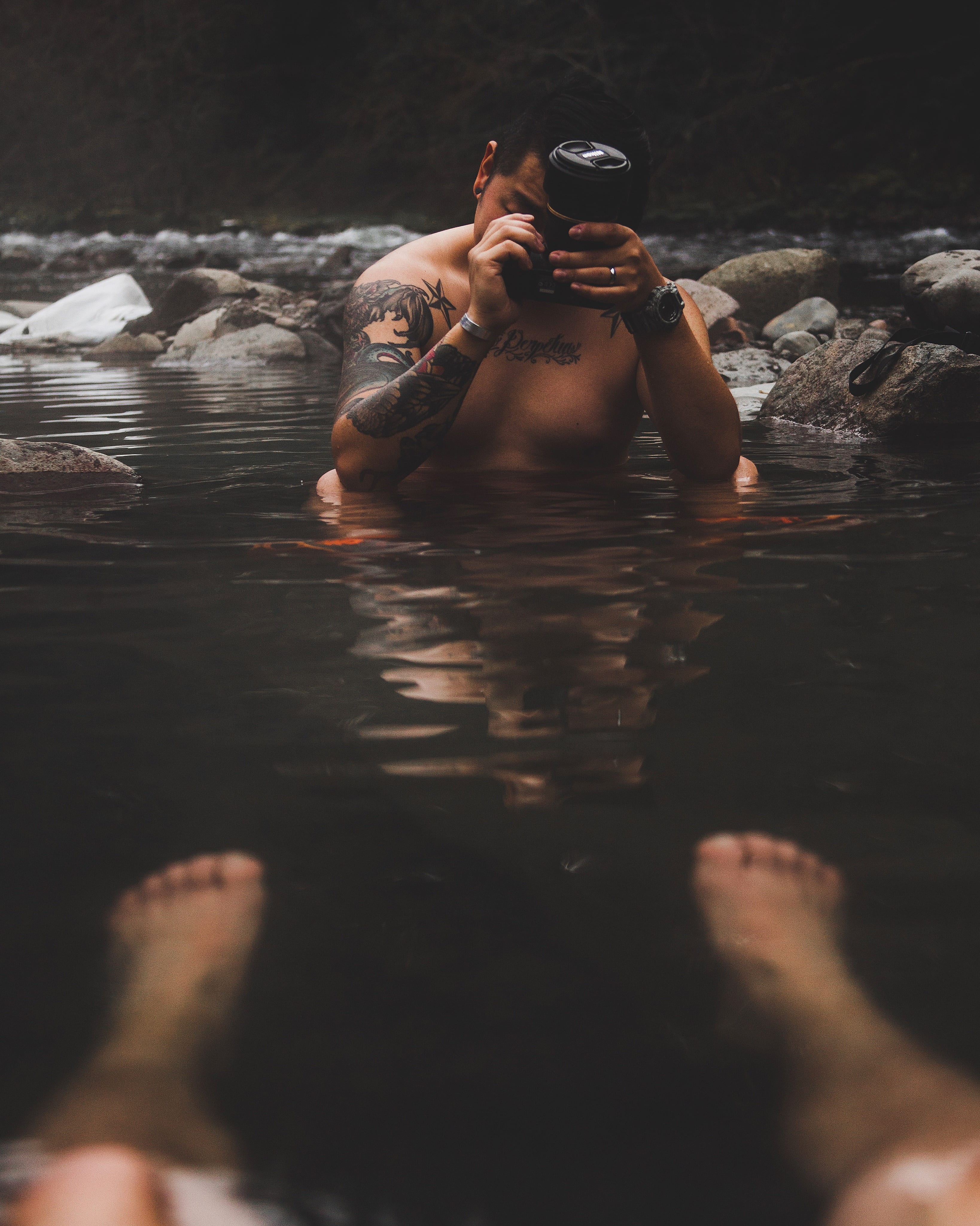 river, 4K, waterfront, nature, male, explore, calm, travel, day, hot spring, tattoo, rock, discover, one person, sea, lifestyles, reflection, water, shirtless, Phone HD Wallpaper