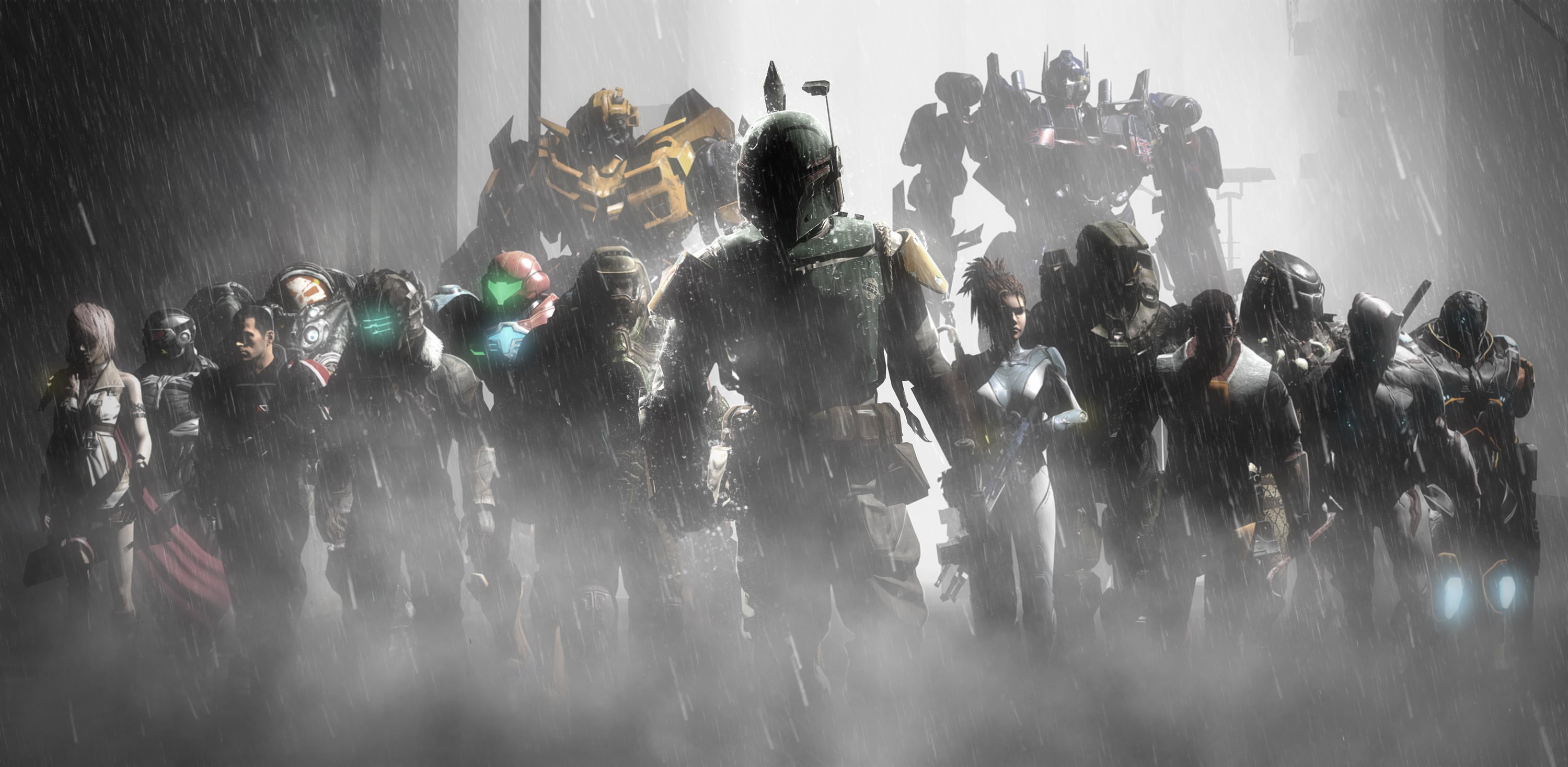 crowd, Predator (movie), Alien Vs. Predator, Transformers, nature, outdoors, Boba Fett, Halo, men, Metroid, event, leisure activity, real people, Dead Space, HD Wallpaper