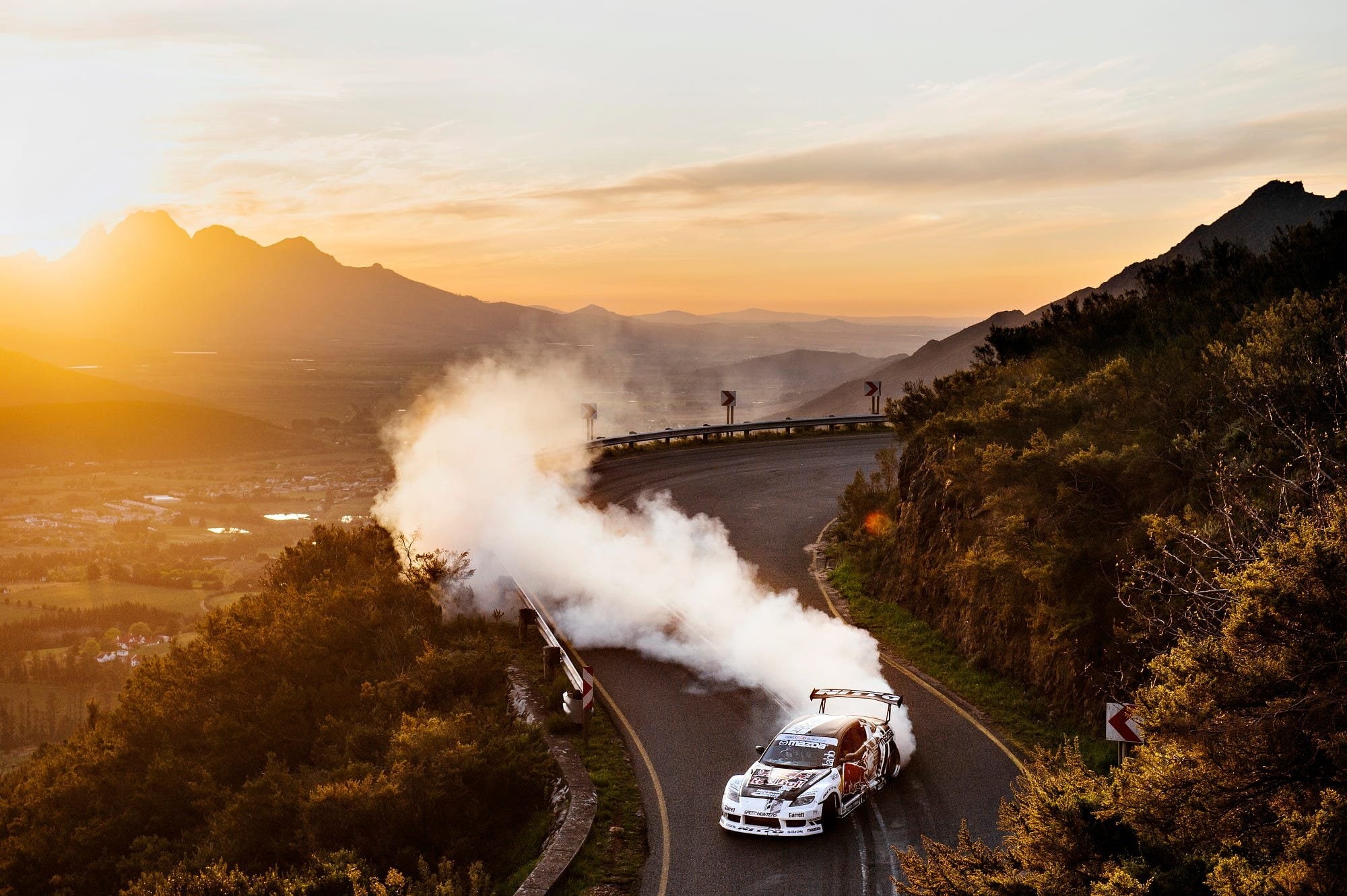 plants, sunset, Mad Mike, sports car, Drifting, 1080P, mountains, Franschhoek Pass, Trees, Hills, HD Wallpaper
