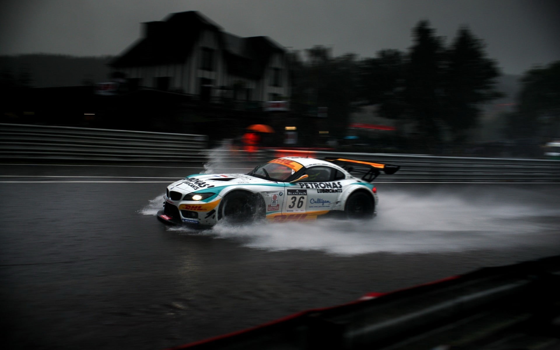 car, motor racing track, sports, motion, transportation, road, motor vehicle, competition, muscle cars, rain, illuminated, water, orange, racing, on the move, HD Wallpaper