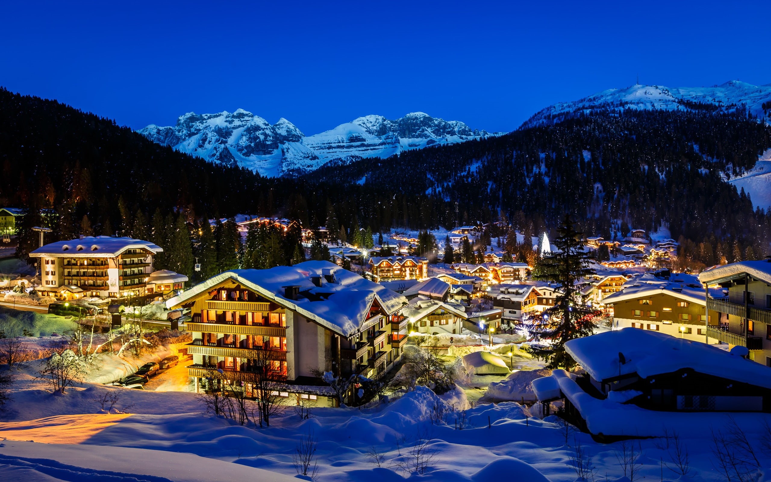 Mountains, Italy, City, Alps, Trees, Night, Snow, Lights, 2K, HD Wallpaper