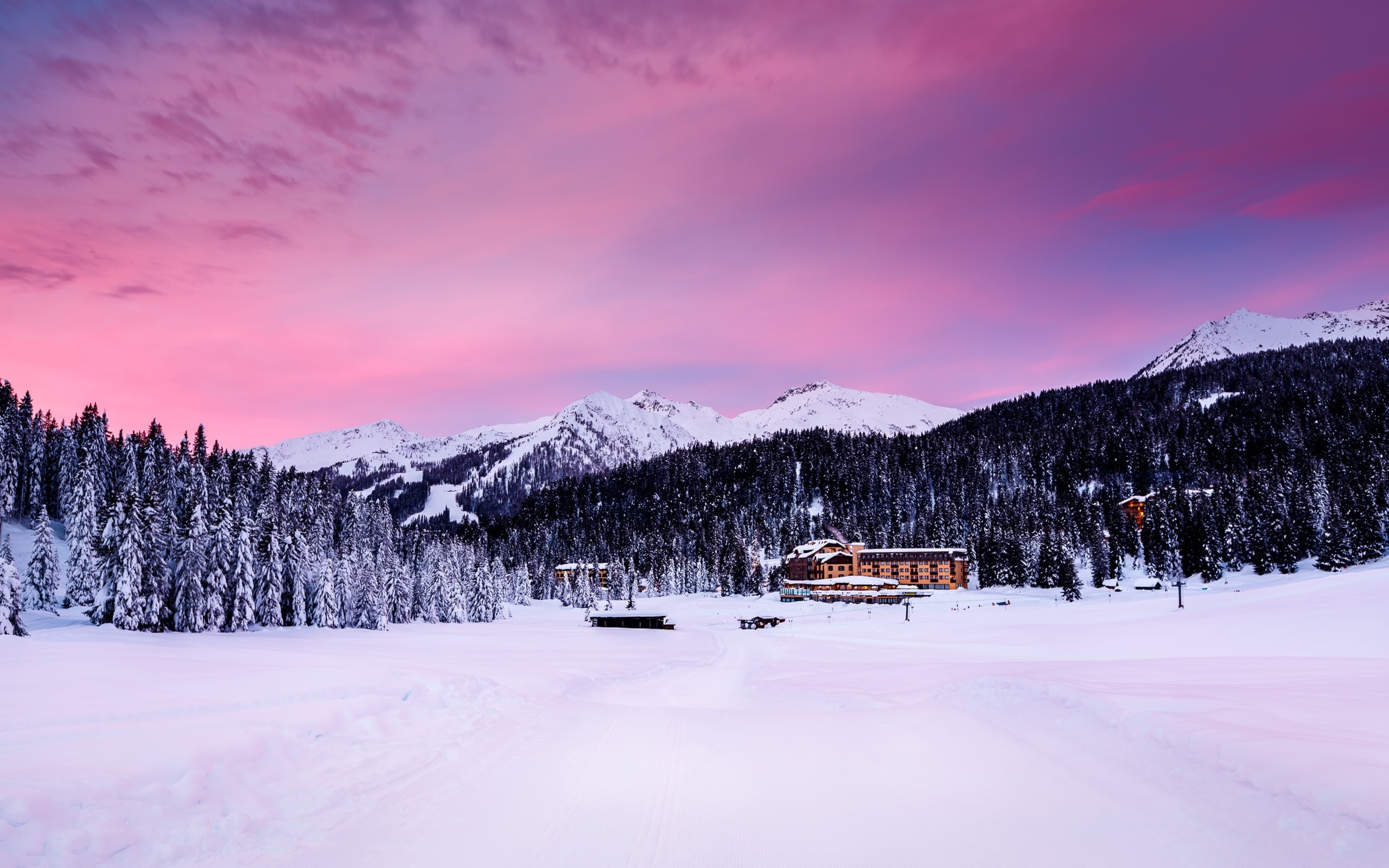Houses, Dusk, di, Alps, Trees, madonna, Snow, Campiglio, Italy, Mountains, 2K, HD Wallpaper