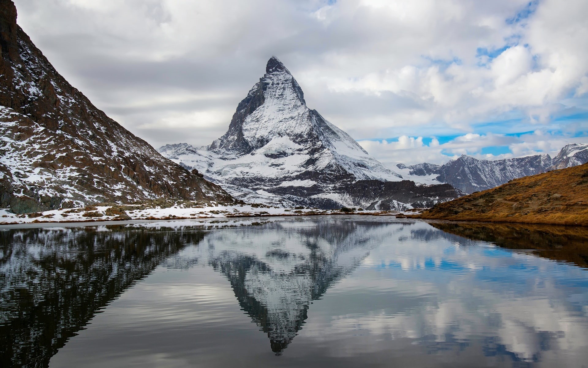 1080P, mount, Italy, Lake, Sky, Water, Reflection, matterhorn, Switzerland, Mountain, Alps, HD Wallpaper