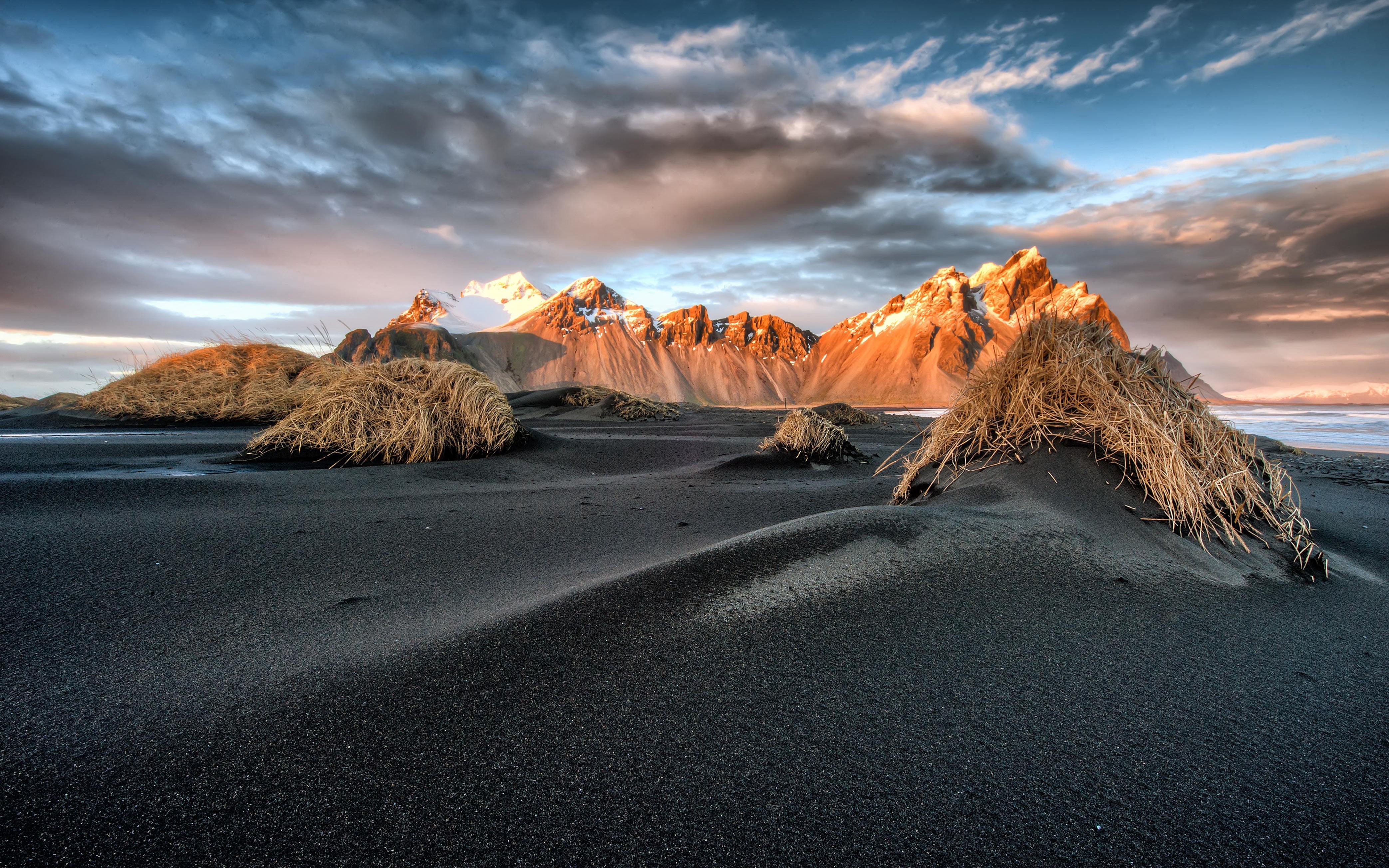 landscape, sand, no people, idyllic, dry, 4K, vesturhorn, environment, rock - object, rocky, land, scenics - nature, solid, sky, dark, grass, cloud - sky, HD Wallpaper