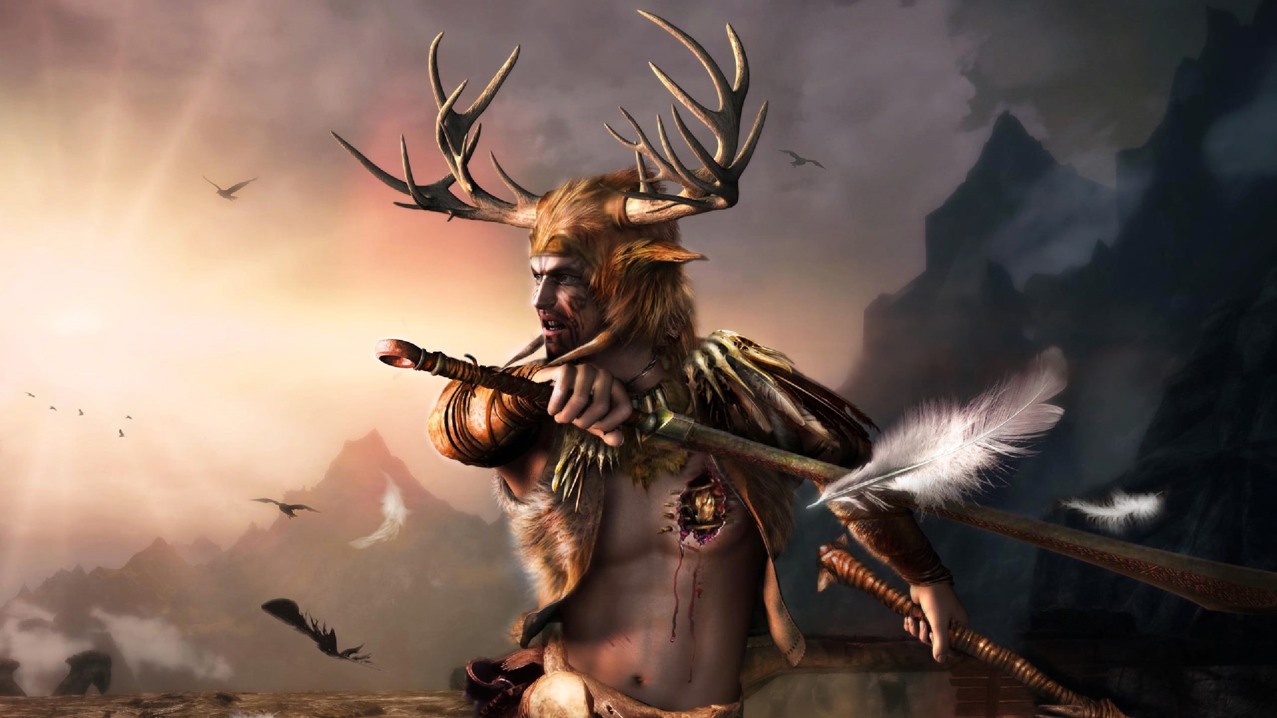The Elder Scrolls V: Skyrim, belief, people, sunlight, animated, cloud - sky, representation, nature, witch, holding, staff, arts culture and entertainment, HD Wallpaper