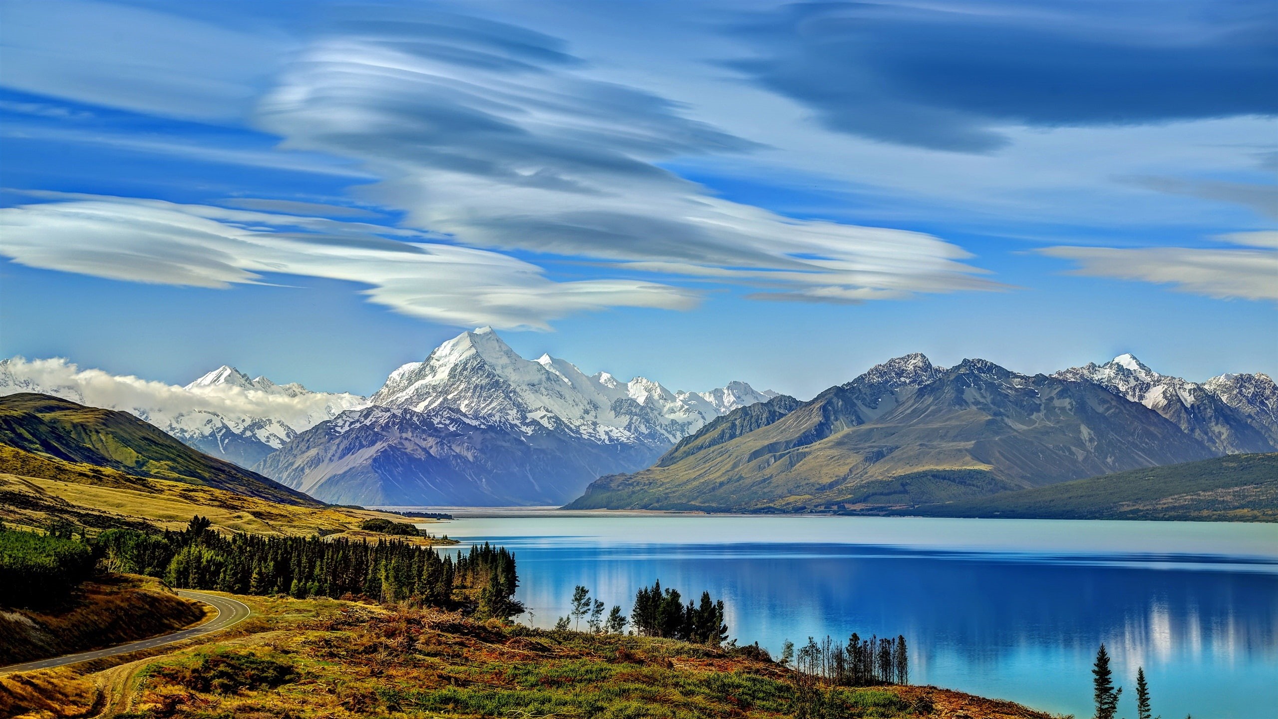 2K, Trees, Zealand, Mountains, Clouds, Pukaki, New, Lake, HD Wallpaper