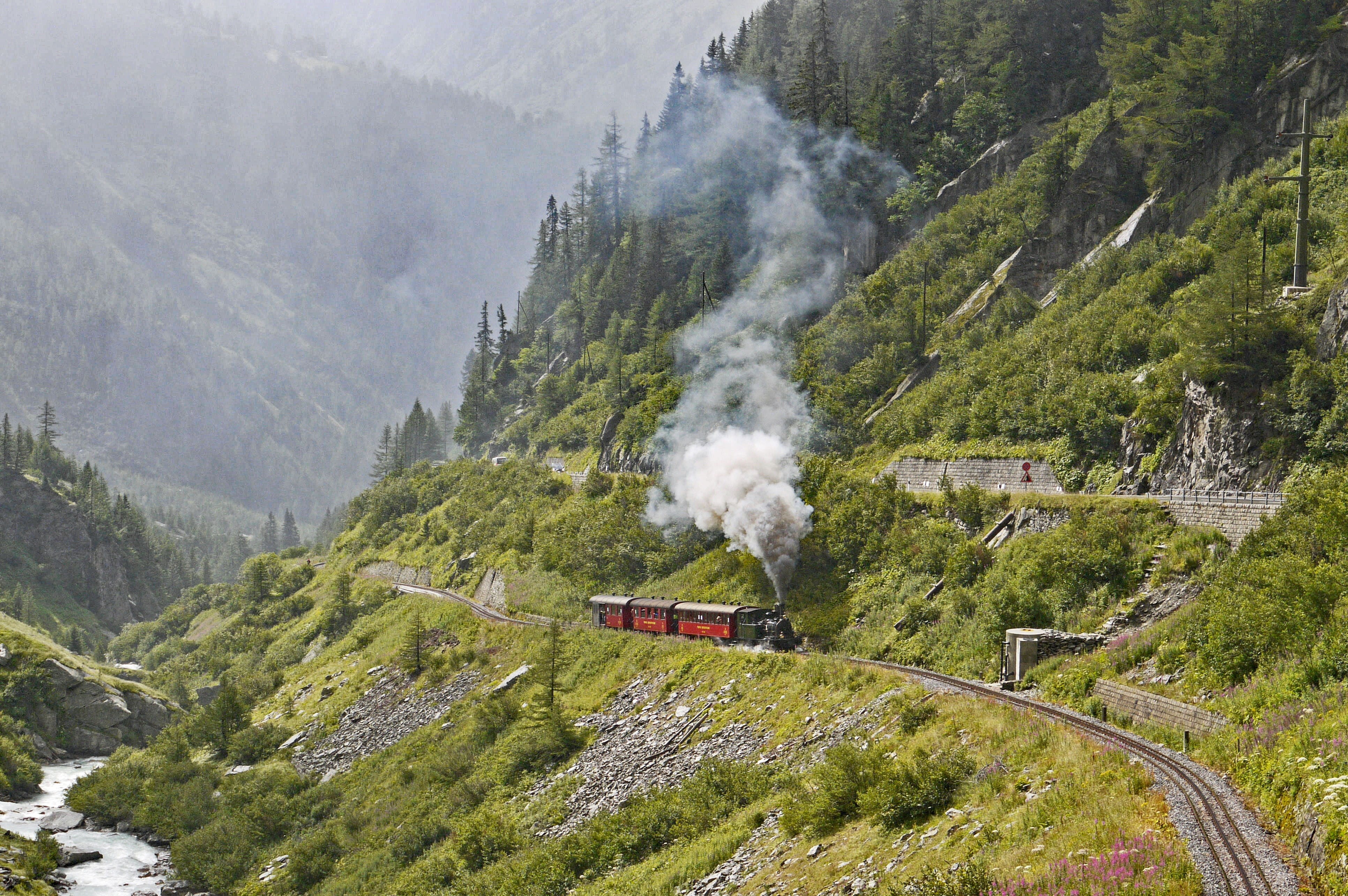land, no people, forest, beauty in nature, train - vehicle, passing, glacier water, furka, panorama, smoke - physical structure, photo, covered, motion, HD Wallpaper