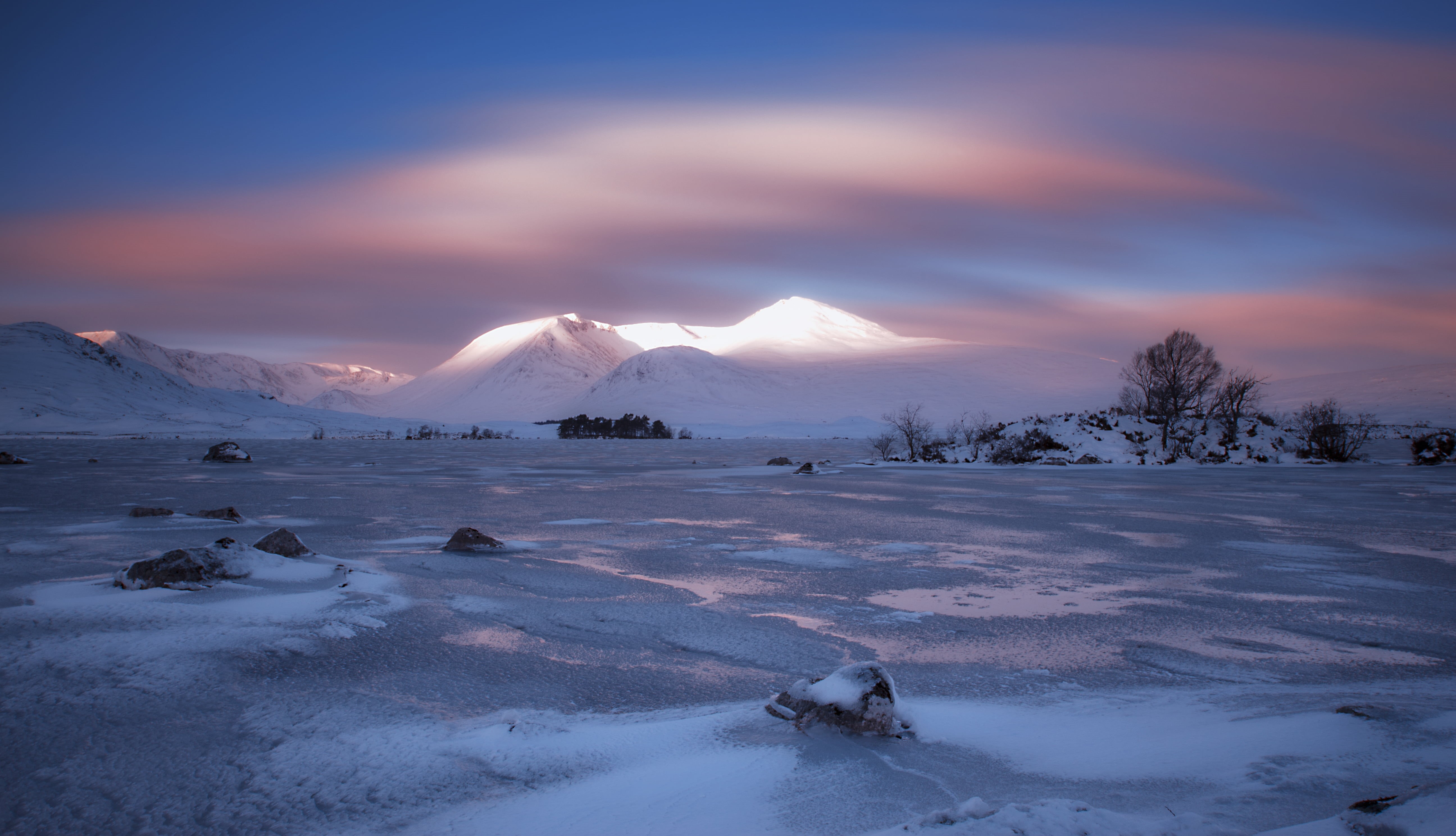 na h, long exposure, Scotland, Lochan, Rannoch Moor, winter, scenics, sunset, nature, ice, Dawn, Glencoe, mountain, field, West Highlands, snow field, Black Mount, HD Wallpaper