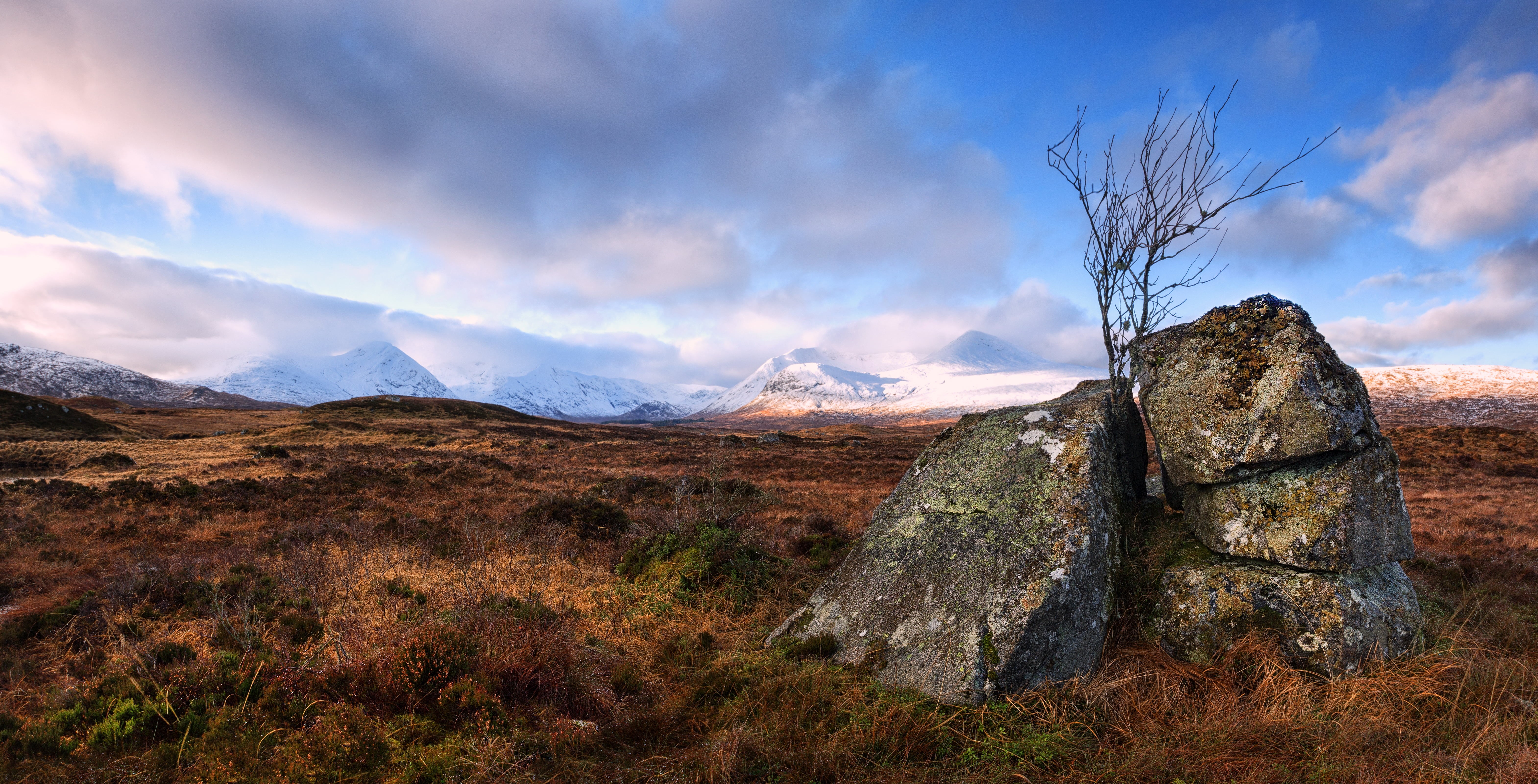 5K, time, Mountains, West Highlands, rocks, landscape, nature, day, mountain, gray, cloud - Sky, scenics, Rannoch Moor, rock - Object, Black Mount, sky, HD Wallpaper
