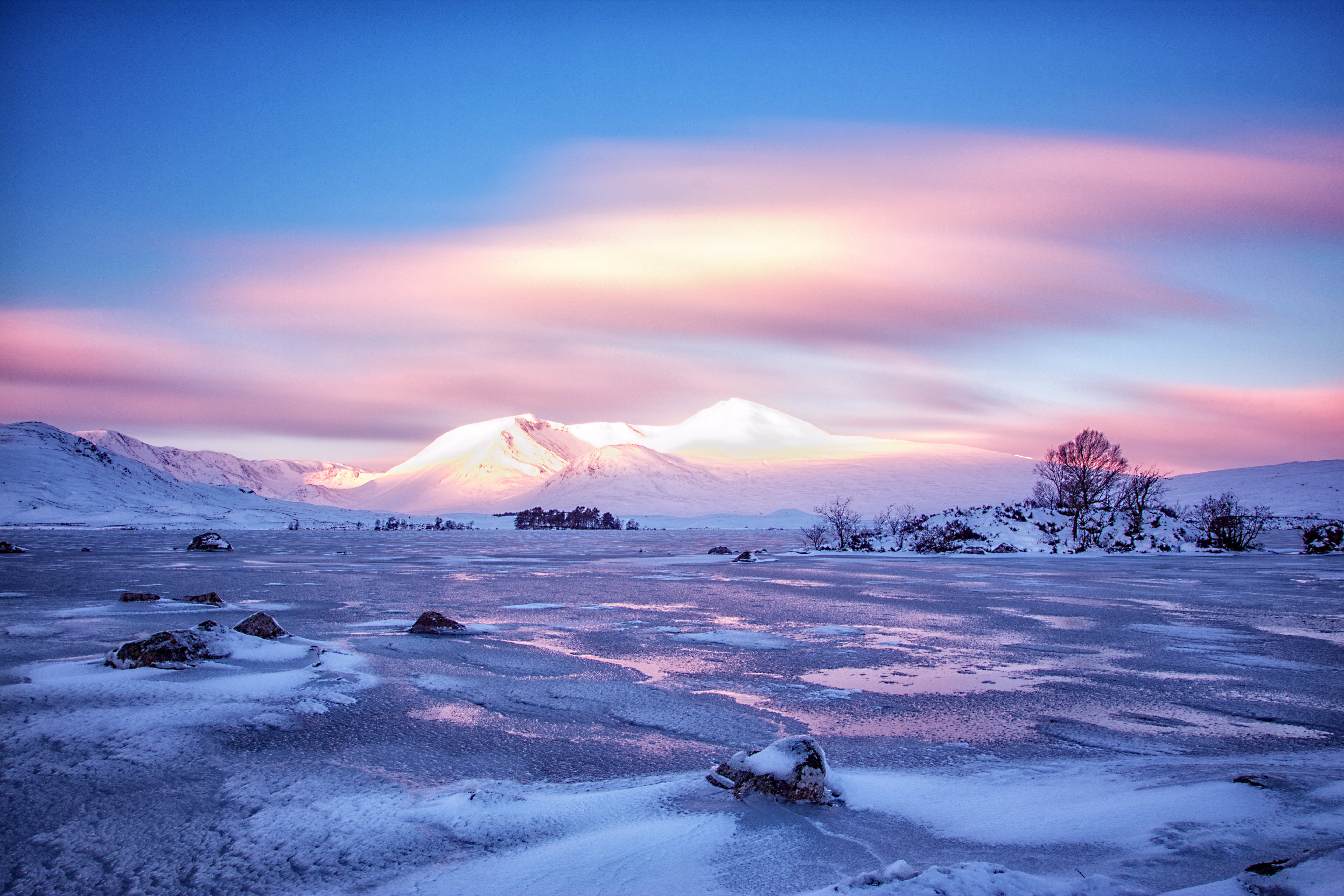 plants, frozen water, Rannoch Moor, Mount  Black, Black Mount, snow, mountain, winter, water, frozen, island, pink, background, sunrise, na h, West Highlands, HD Wallpaper