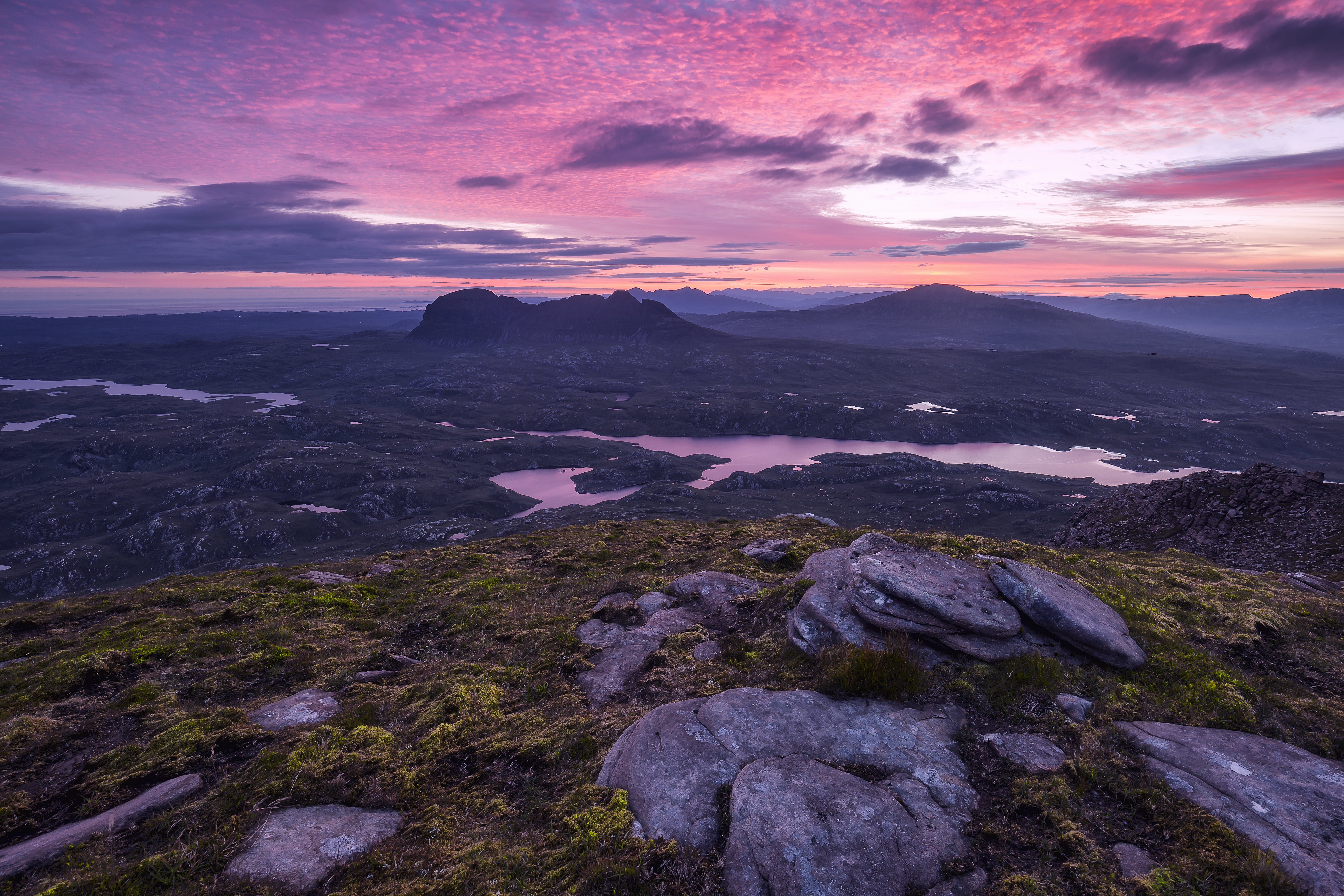 outdoors, USM, body of water, Sunrise, body, aerial view, Landscape, dusk, nature, North West Highlands, Highlands  North, rock - Object, sky, Canon 6D, HD Wallpaper