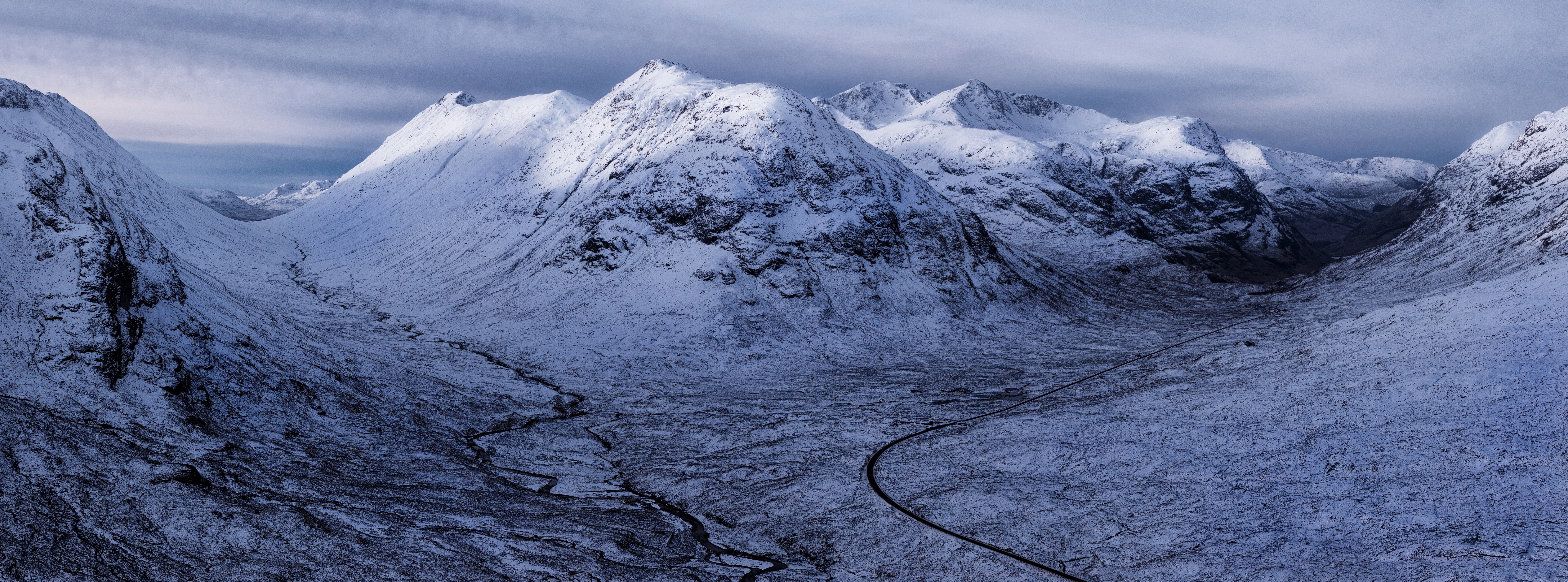 Beautiful, Buachaille Etive Beag, cold temperature, no people, Winter, snowcapped mountain, 8K, mountain peak, Nature, land, Road, covered, mountain range, HD Wallpaper