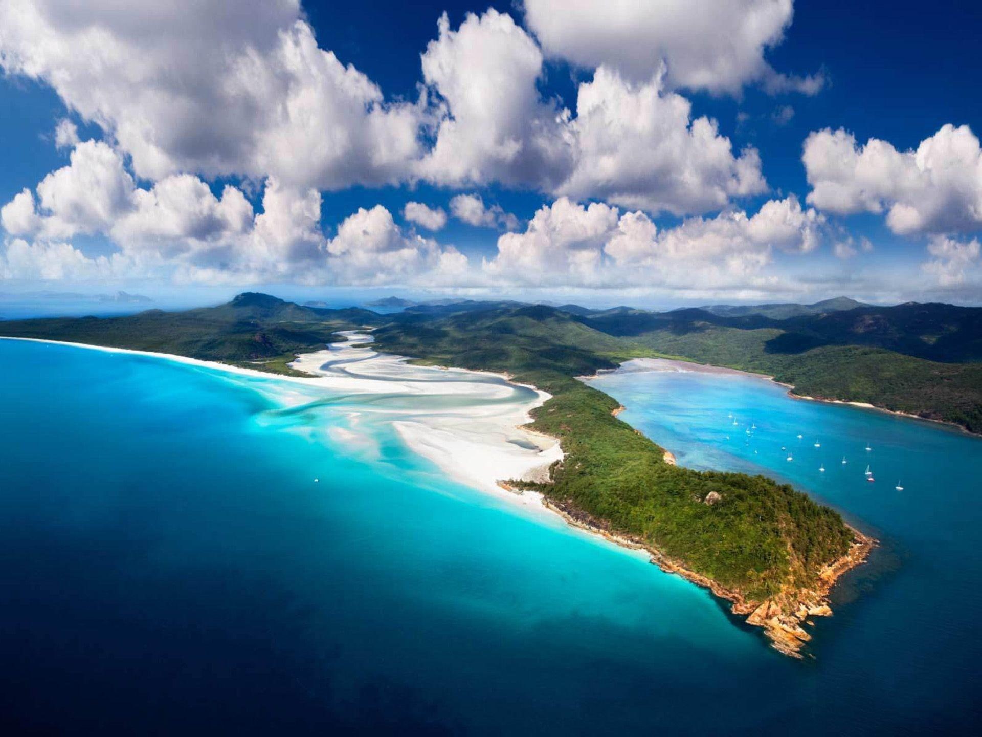 sand, whitsunday, beach, forest, aerial, ocean, columbus, island, view, photo, shore, australia, nature, waves, 1080P, paradise, isls, clouds, HD Wallpaper