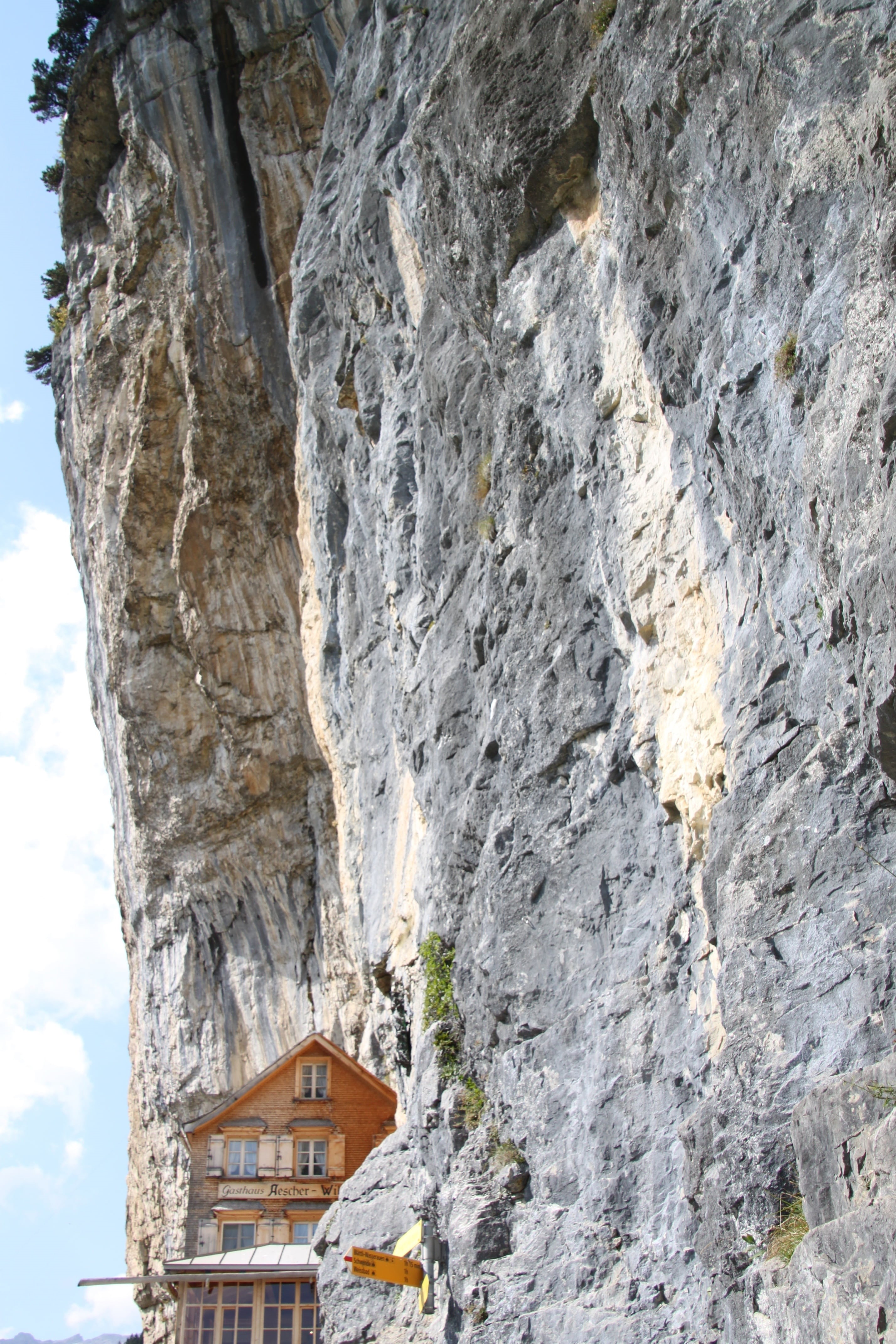 low angle view, rough, physical geography, alpstein, formation, no people, solid, outdoors, downhill, day, built structure, eroded, mountain, geology, restaurant, Phone HD Wallpaper
