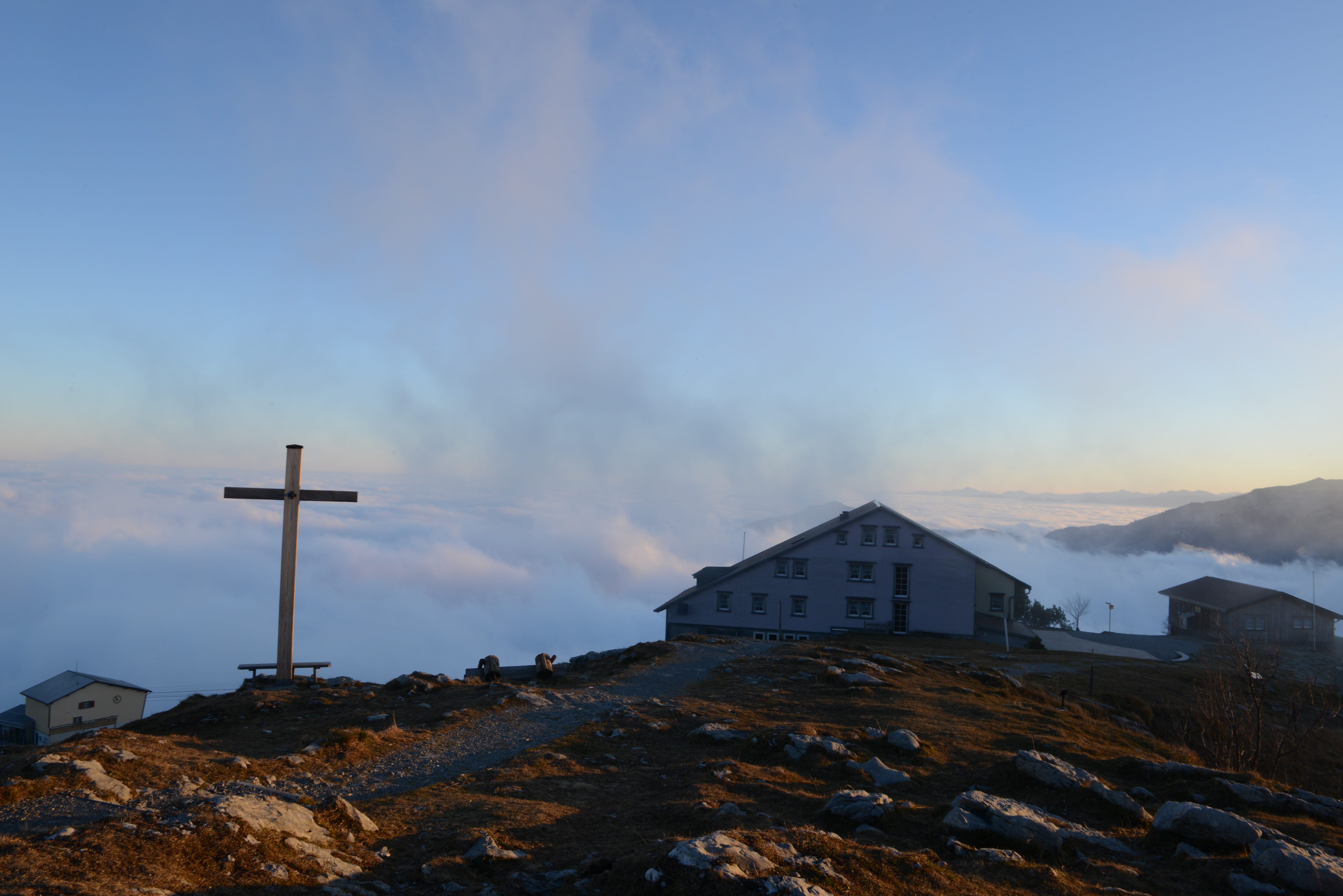 outdoors, cross, day, built structure, architecture, cloud - sky, nature, snow, ebenalp, building, residential district, mountains, hiking, 5K, fog, belief, HD Wallpaper