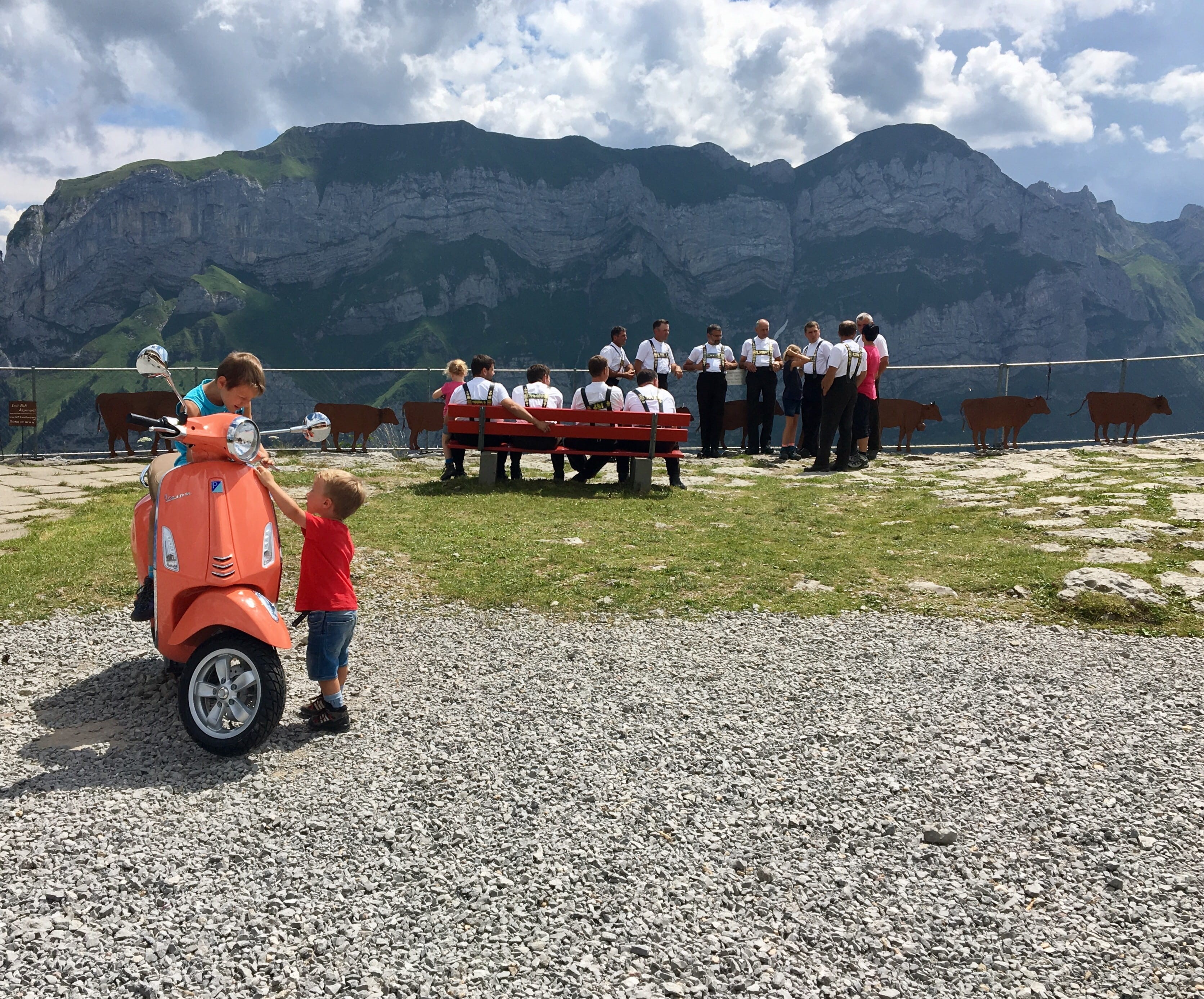 rear view, motor scooter, sky, childhood, mountain range, day, tradition, real people, men, vacations, flower, group of people, man, outdoors, eat, lifestyles, HD Wallpaper