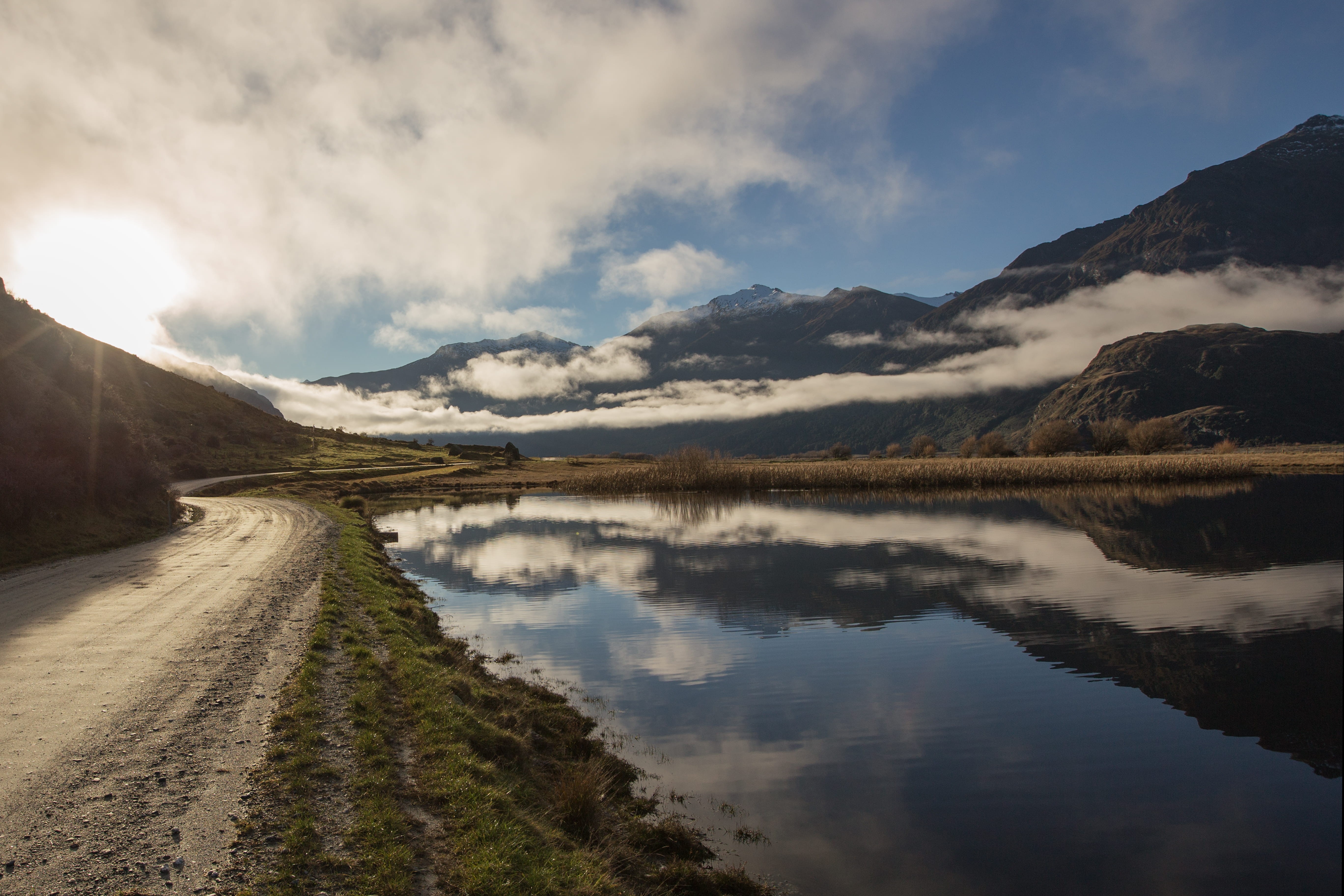 outdoors, landscape, non-urban scene, 5K, lake, environment, beauty in nature, road, tranquil scene, day, reflection lake, rob roy, new zealand, mountain range, HD Wallpaper