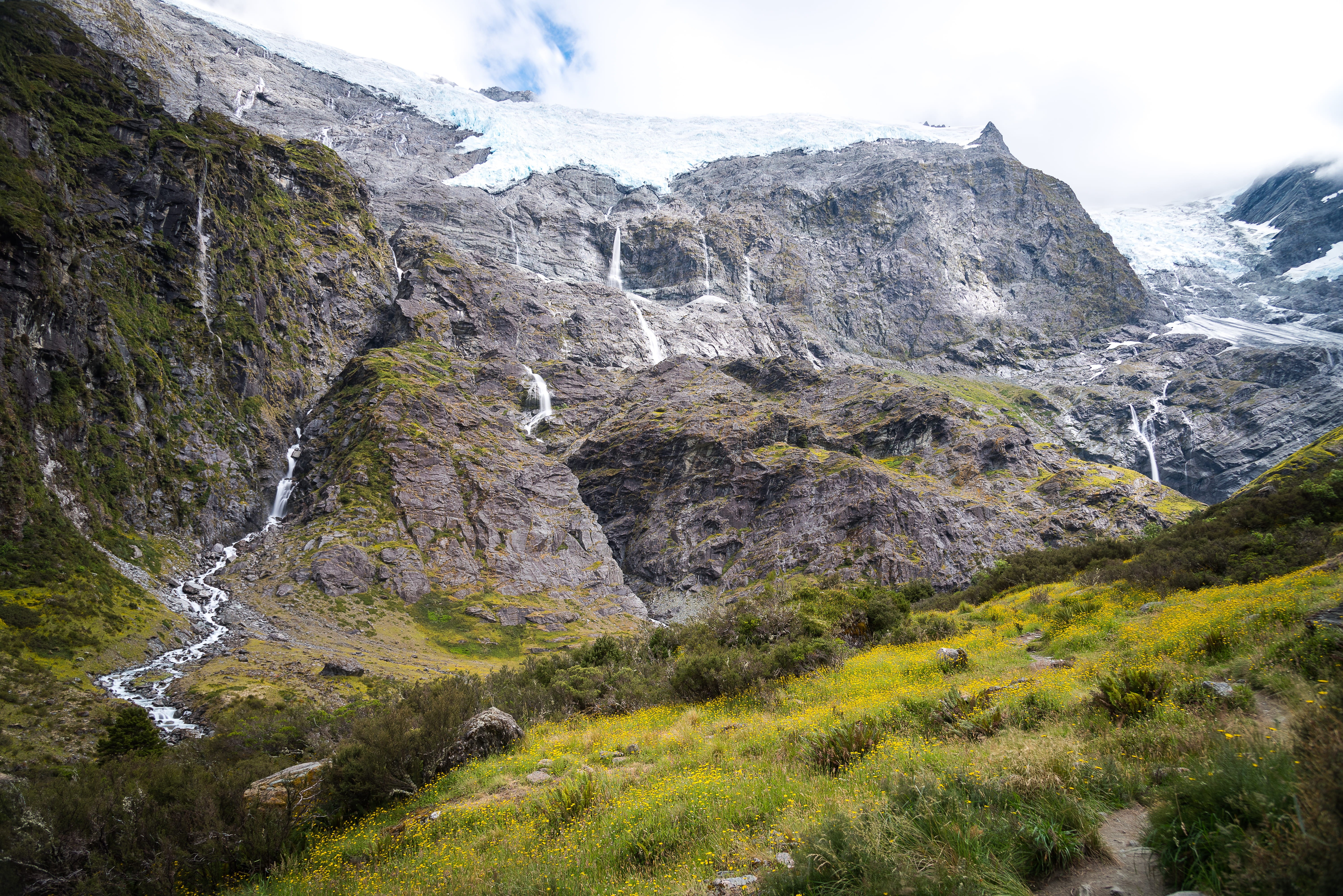landscape, no people, mountain, 5K, photography, outdoors, waterfalls, new zealand, plant, tranquil scene, cloud - sky, mountain range, rob roy glacier, HD Wallpaper