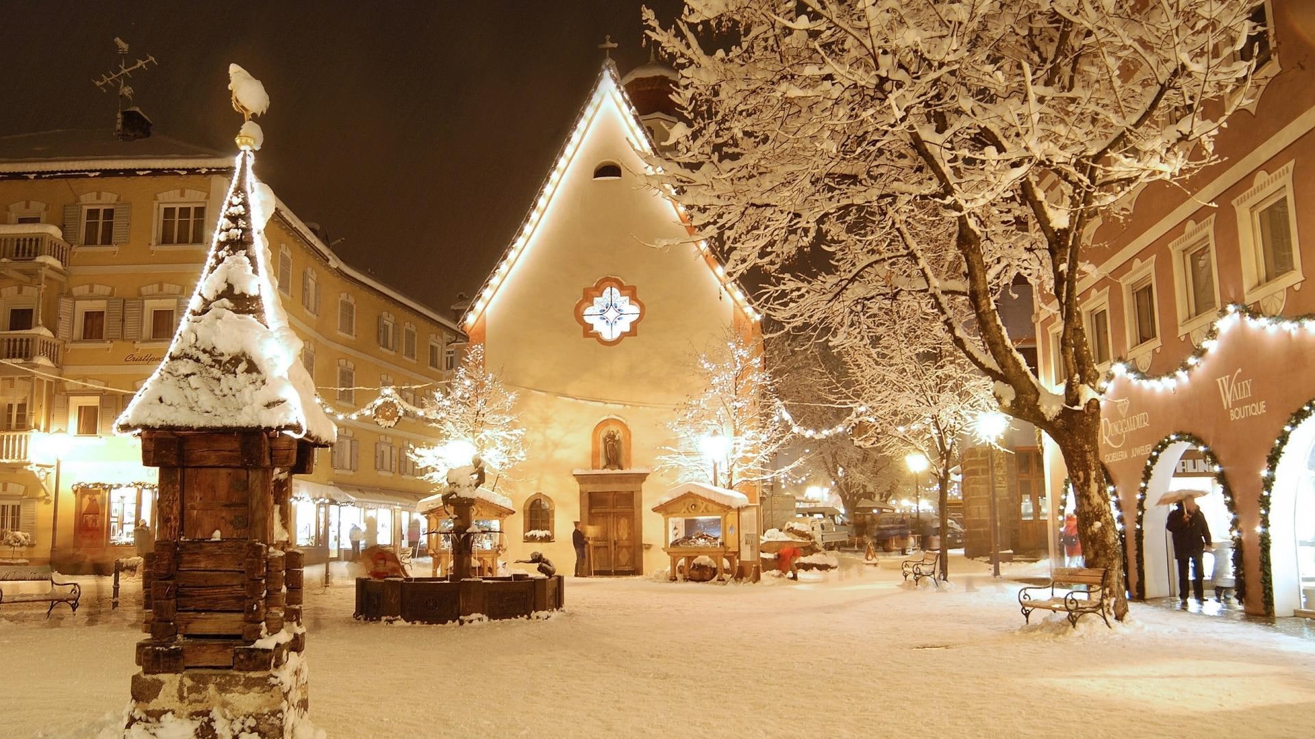 photo, italy, val, nature and landscapes, winter, square, covers, 1080P, snow, stores, light, town, night, gardena, HD Wallpaper