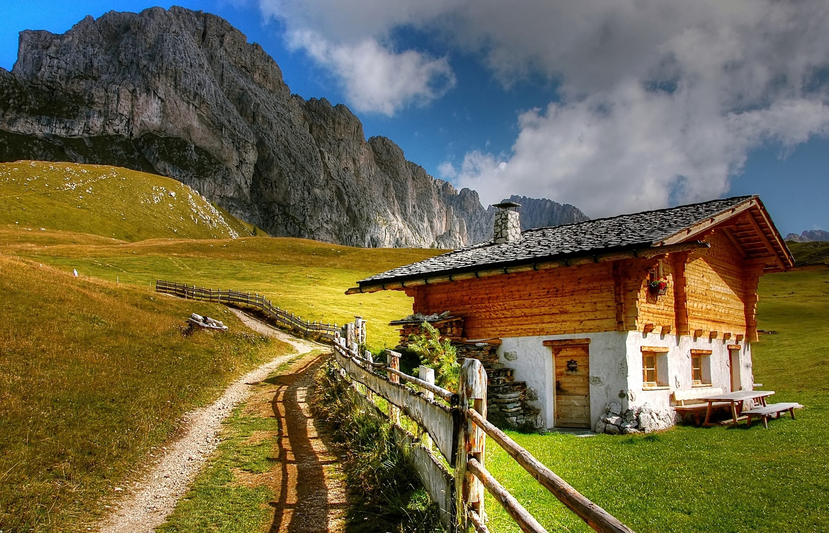 brown, south tyrol, forest, mountain, built structure, mountain range, no people, railroad track, sun, Nature, great, view, valley, architecture, field, HD Wallpaper