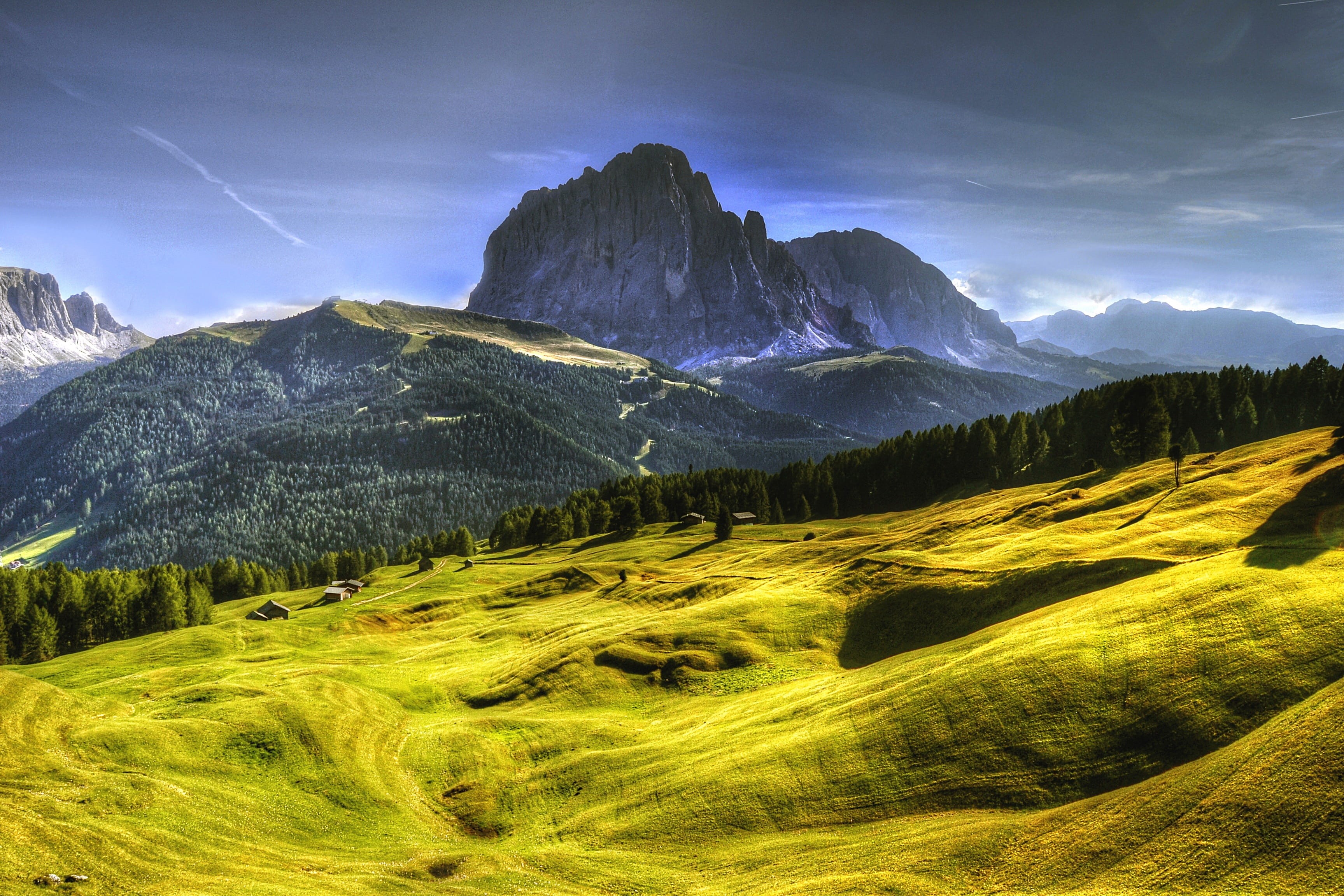 field, trees, grass, cloud - Sky, nature, val gardena, rock - Object, non-Urban Scene, landscapes, idyllic, Away, clouds, snowcapped mountain, beauty In Nature, HD Wallpaper