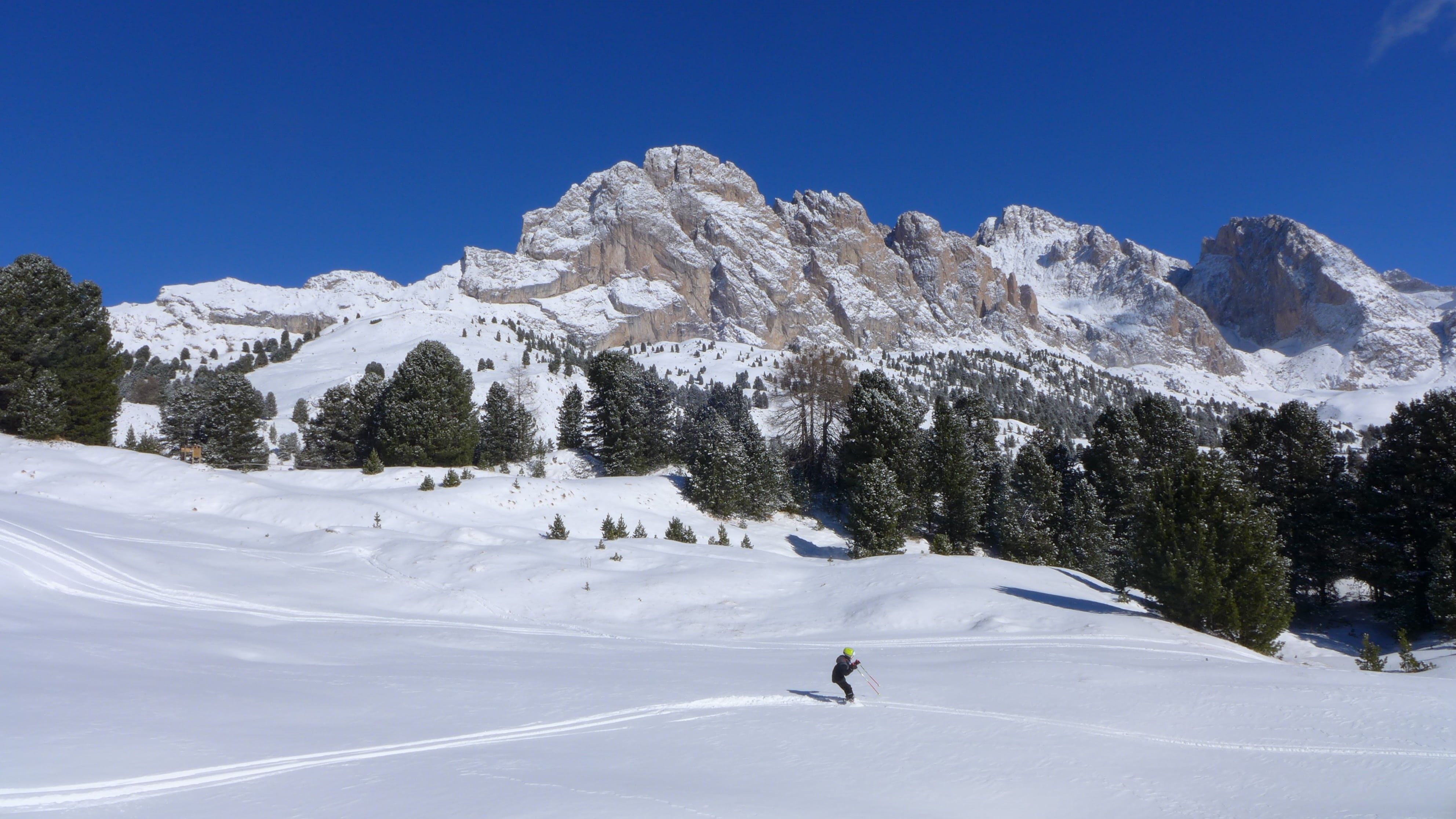 mountain, 4K, sport, plant, beauty in nature, holiday, altoadige, coniferous tree, child snow, vacations, landscape, sky, mountains, dolomites, adventure, HD Wallpaper