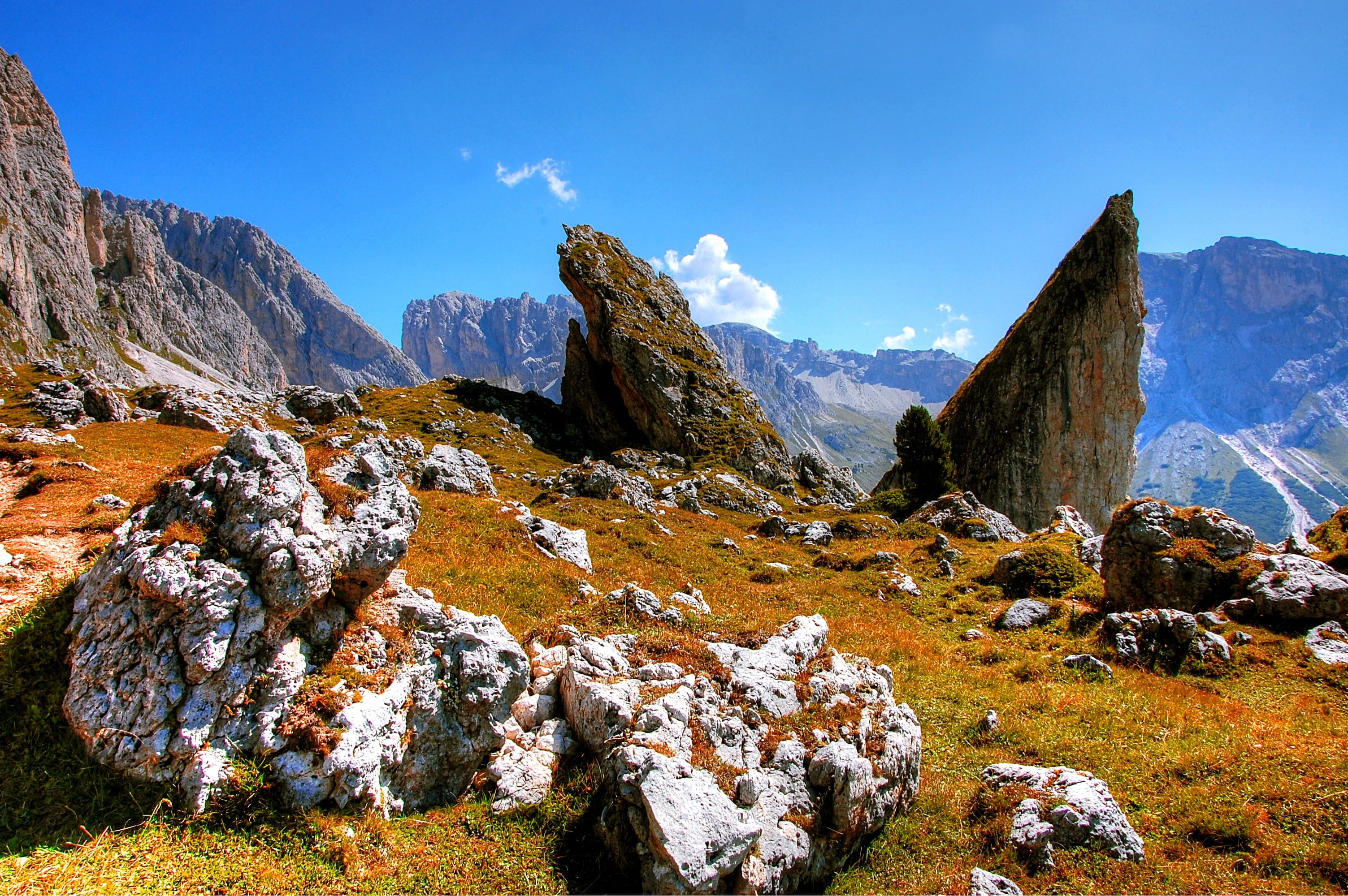 alpine panorama, sky, mountain world, val gardena, hiking, tranquil scene, rock, idyllic, beauty in nature, scenics, mountain peak, Italy, mountain, scenics - nature, HD Wallpaper