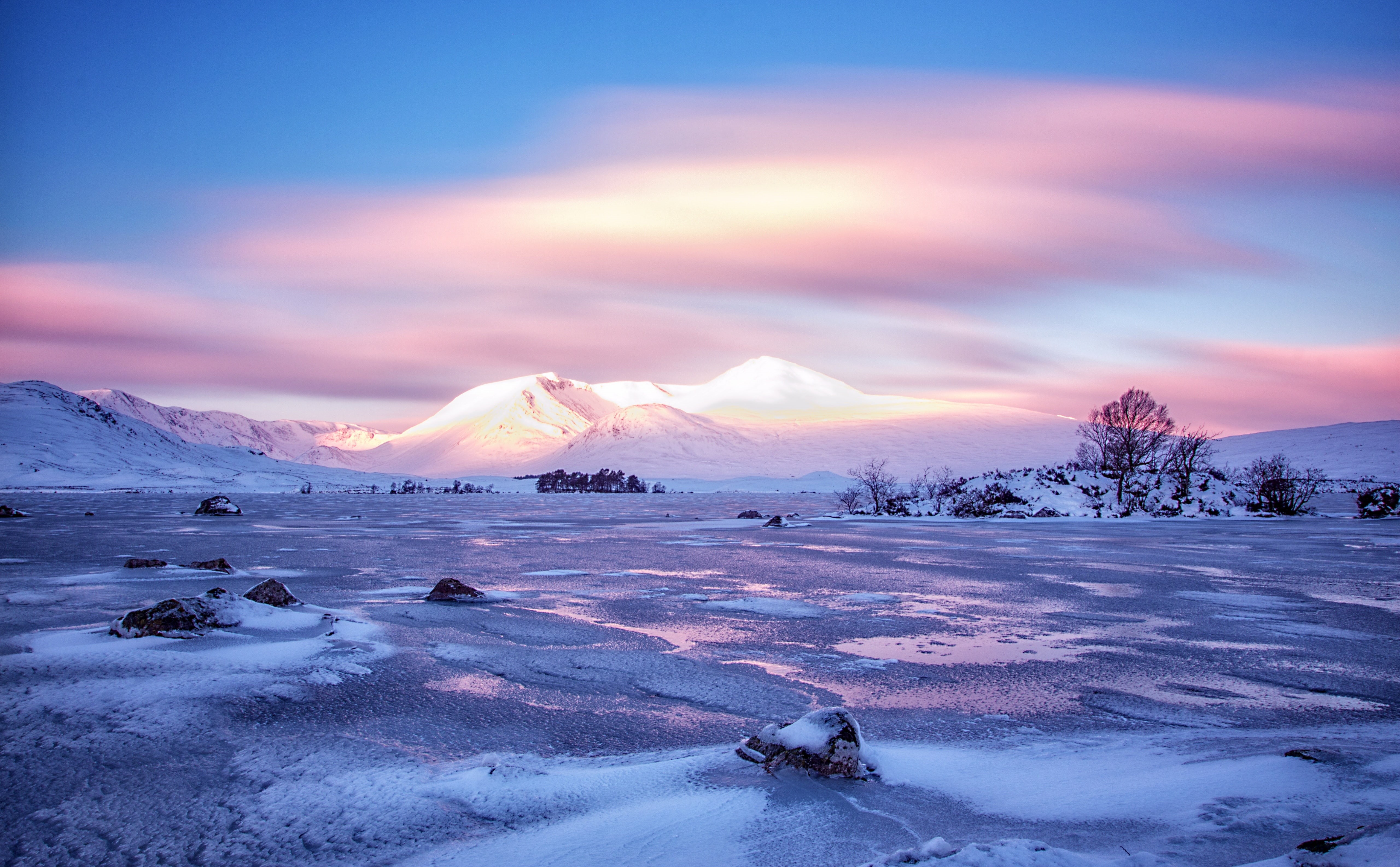 longexposure, Landscape, sky, Winter, black, water, Amazing, Nature, bluesky, snowcapped mountain, mountain, westhighlands, Outstanding, pinkclouds, Outdoors, HD Wallpaper