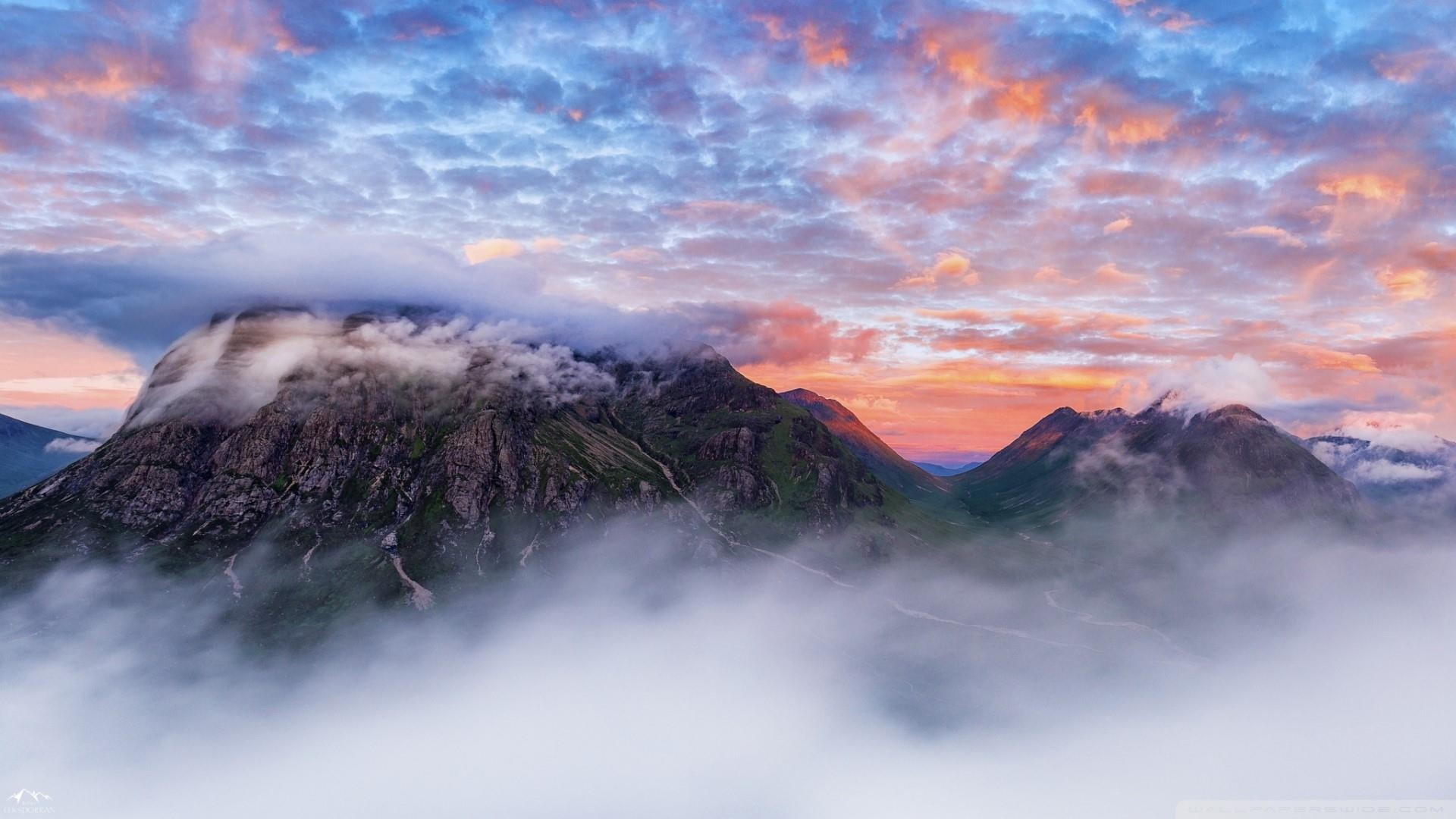 cloud, dramatic landscape, buachaille etive beag, sunset, meteorological phenomenon, outdoors, environment, plant, tree, sky, sunrise, highland, united kingdom, HD Wallpaper