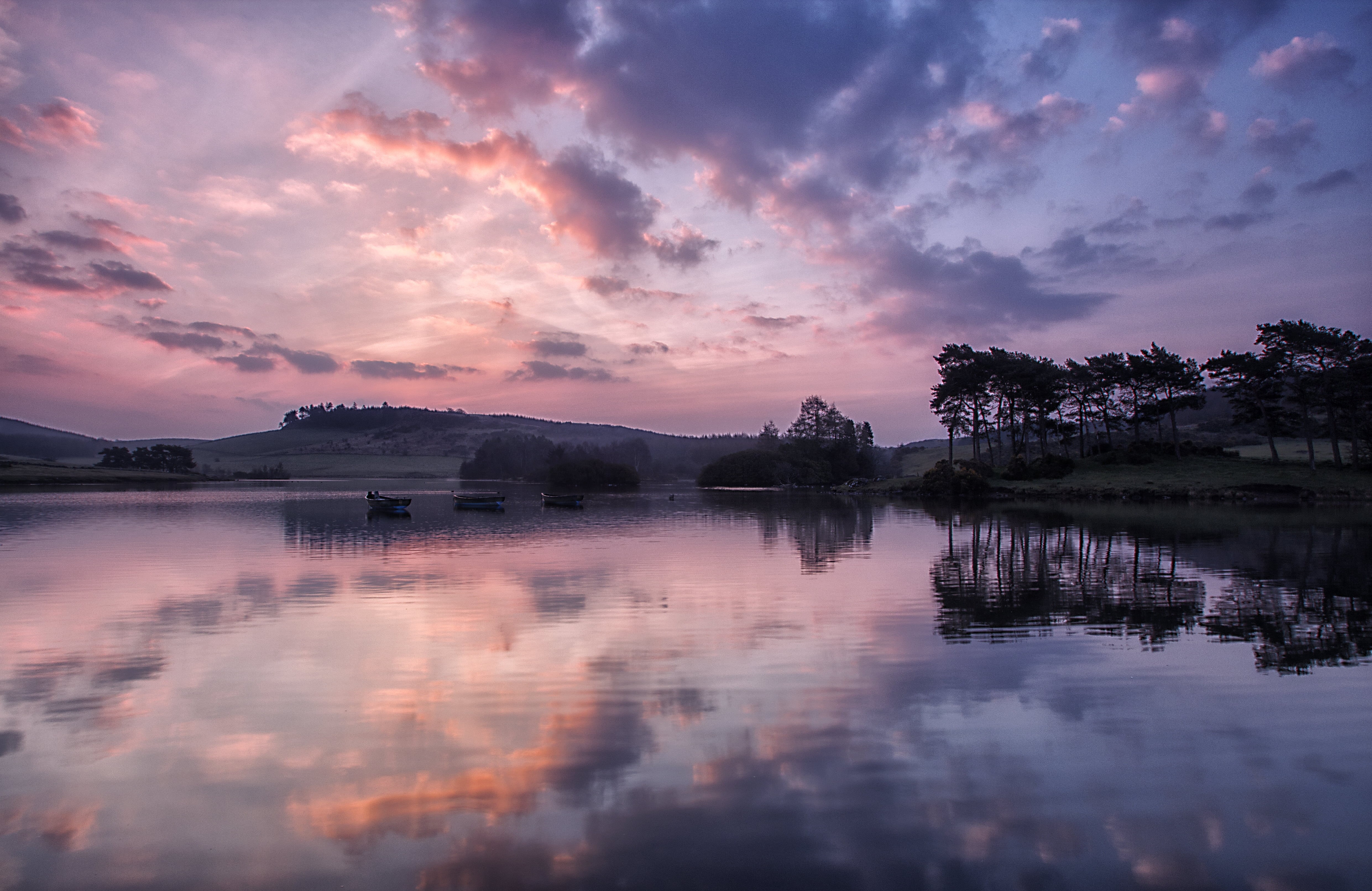 water, Kilmacolm, outdoors, landscape, sunrise - Dawn, beauty In Nature, sunset, clouds, 4K, body, Reflection, summer, reflections, nature, silhouette, HD Wallpaper