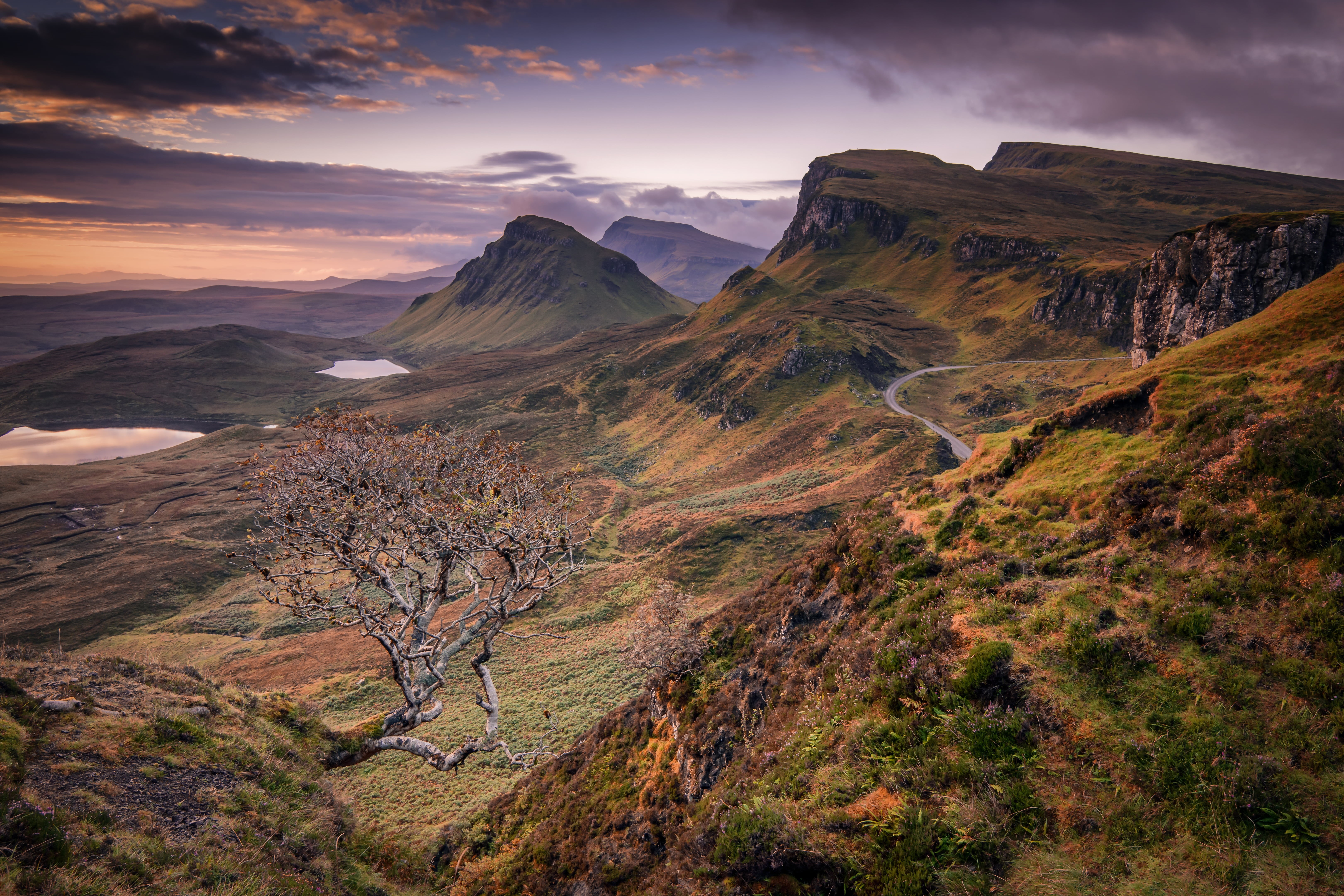 scenics, green Mountain, rock - Object, mountain, green, mountain Peak, scotland, nature, quiraing, 5K, ash  tree, outdoors, travel, landscapes, sunset, HD Wallpaper