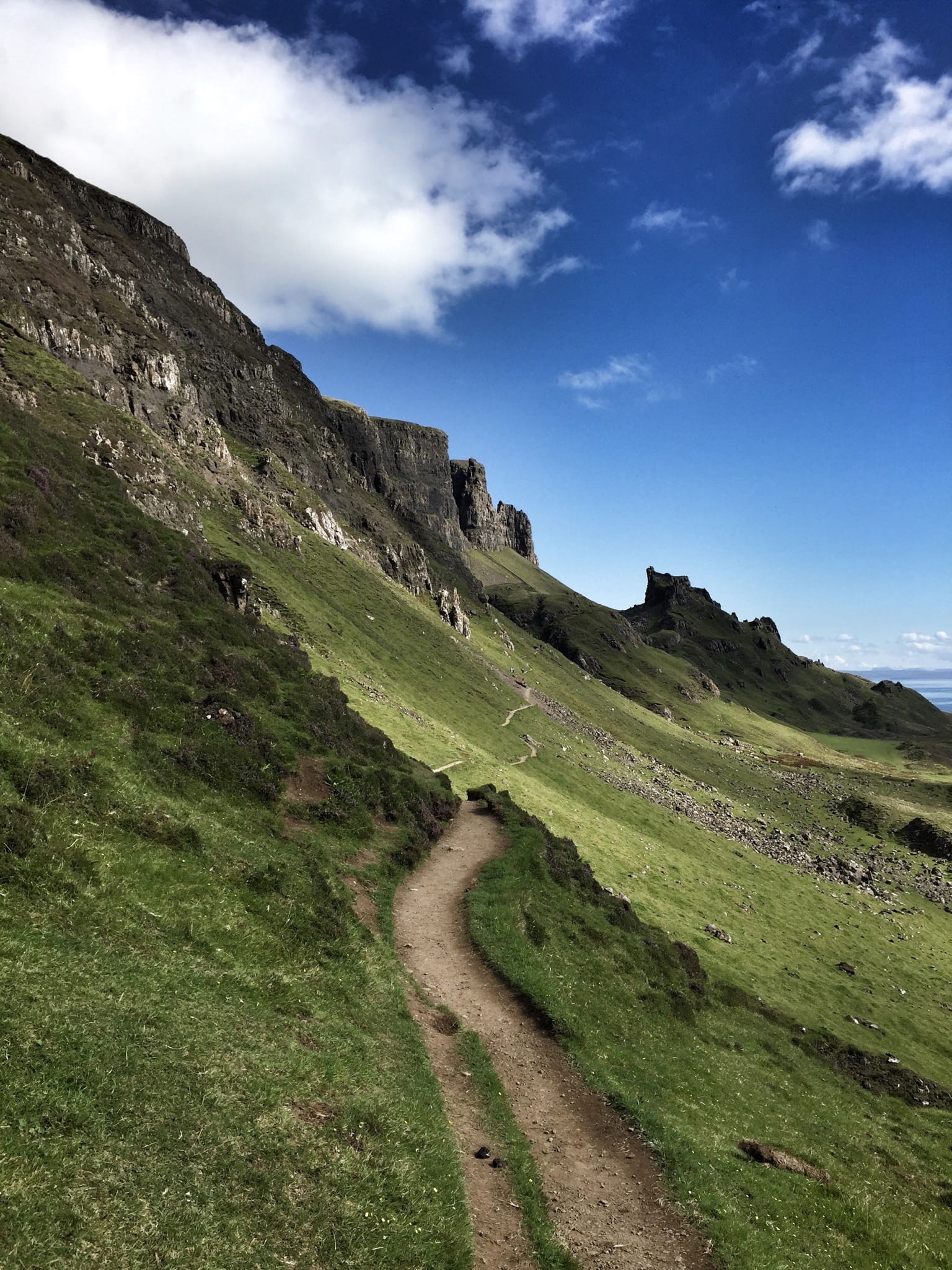 outdoors, no people, non-urban scene, trail, blue, tranquility, island, cloud - sky, quiraing, scenics - nature, plant, nature, field, portree, uk, land, Phone HD Wallpaper