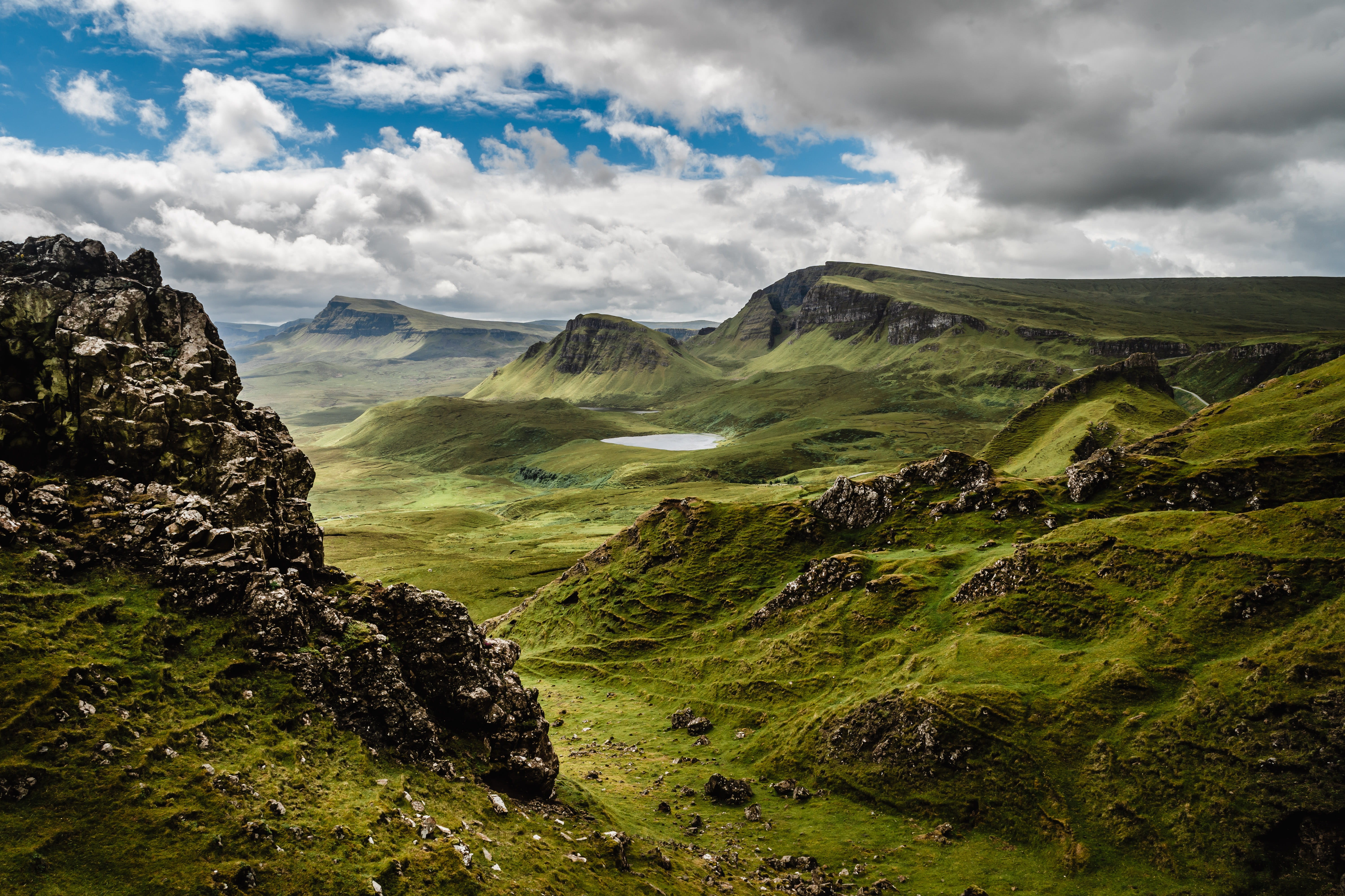 outdoors, hike, countryside, tranquil scene, scenics - nature, nature, quiraing, water, planet, grass, earth, mountain, sky, green, landscape, highlands, HD Wallpaper